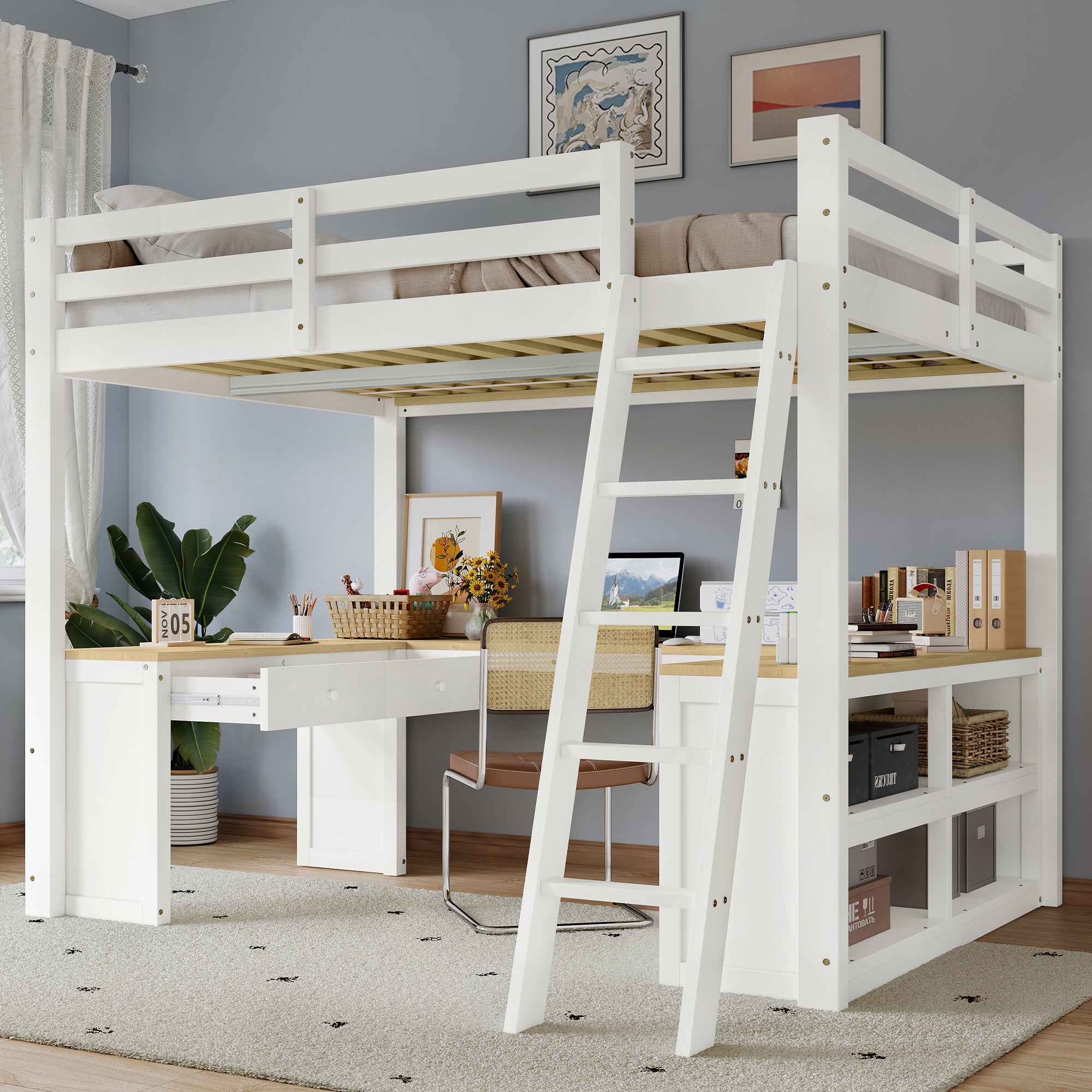 Loft Bed with U-Shaped Desk, 2 Drawers, Storage Shelf, 140x200cm, White + Natural Wood