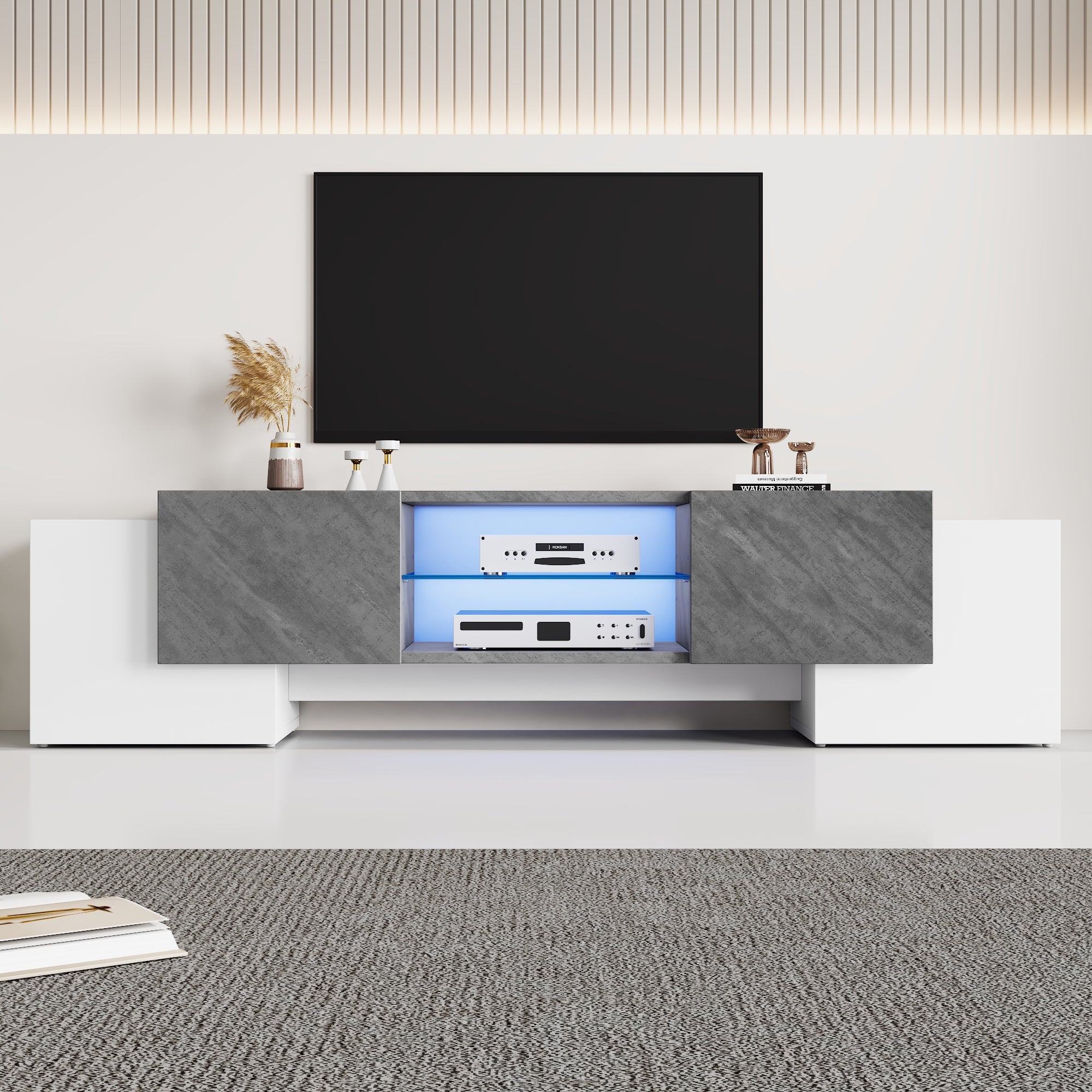 TV Cabinet 180*40*46.5cm, Lowboard with Bluetooth LED, White & Gray
