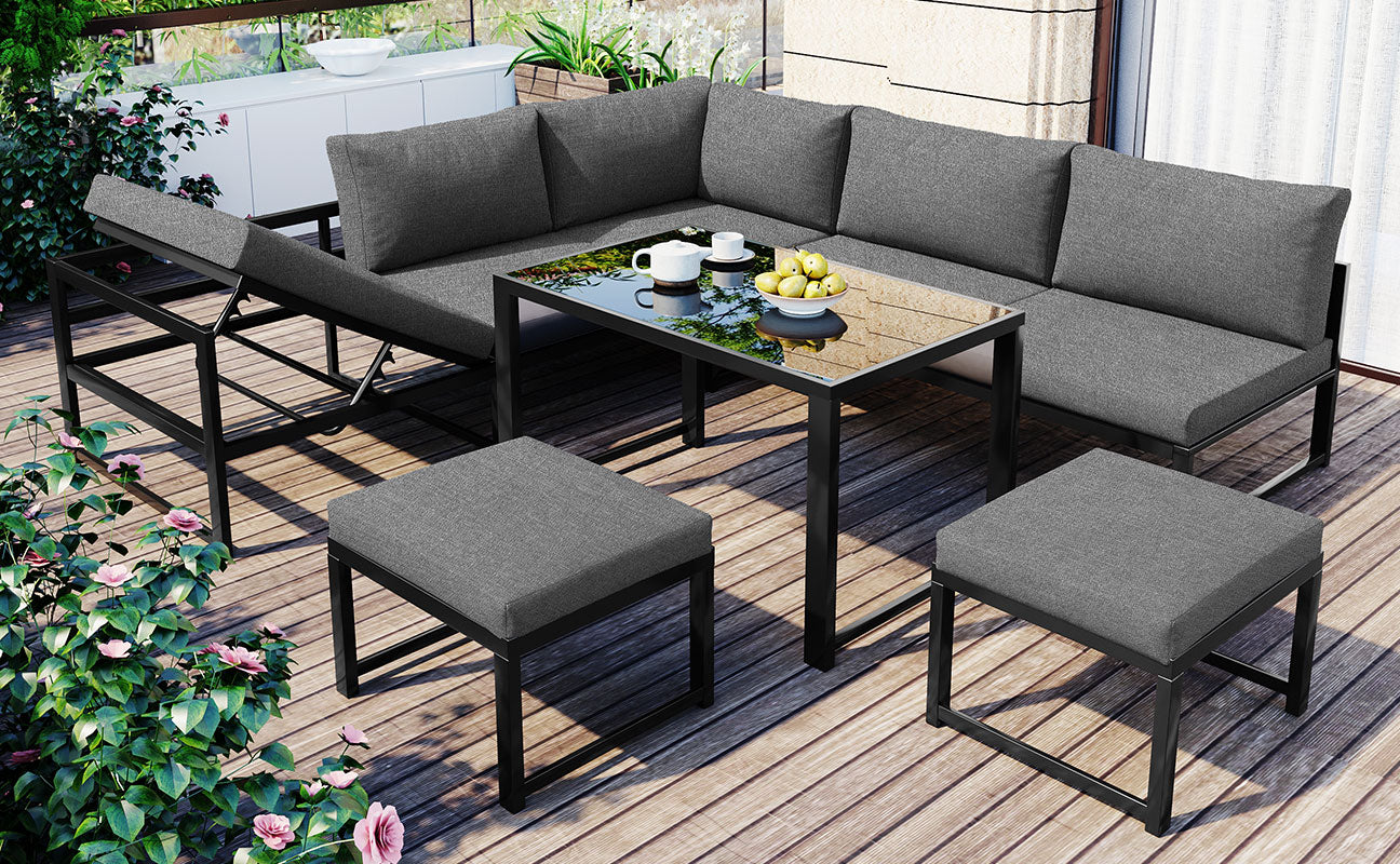 Garden Lounge Chair Set Aluminum 4-Way Reclining Adjustable Backrest with Cushions - Grey