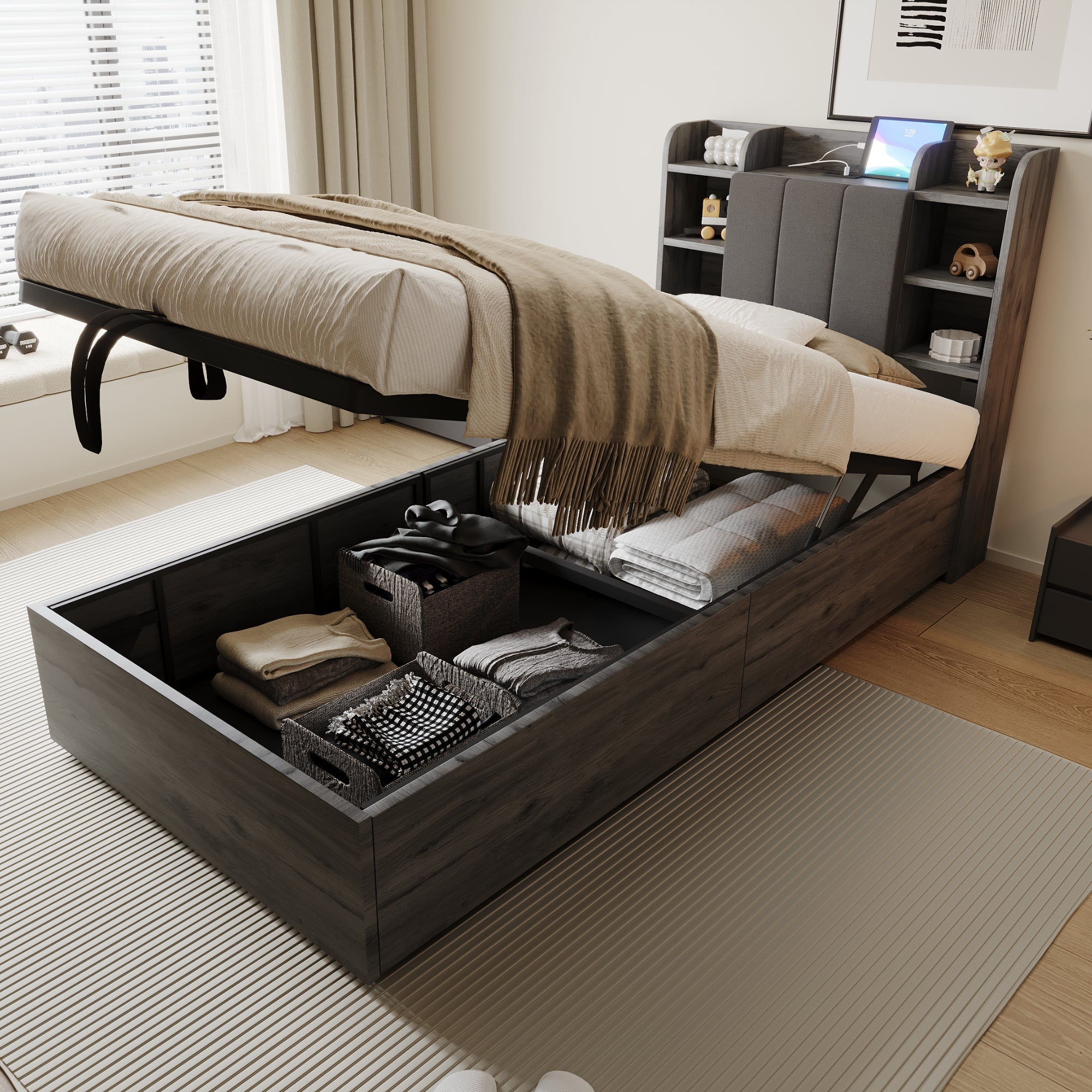 Wooden Bed, 90x200 cm Hydraulic with Storage & USB/Type-C, Grey