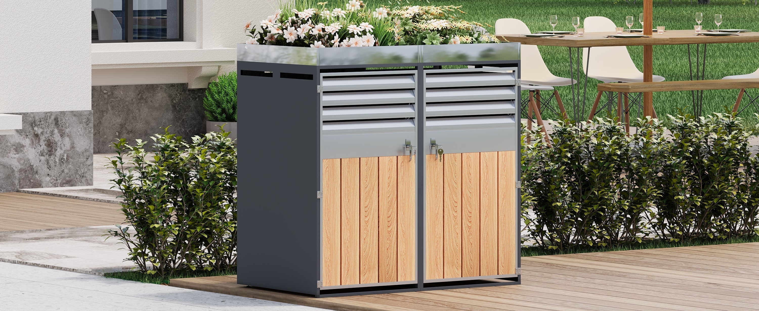 Garbage Can Enclosure with Ventilated Storage, Lockable Double Doors and Planting Area, Galvanized Steel