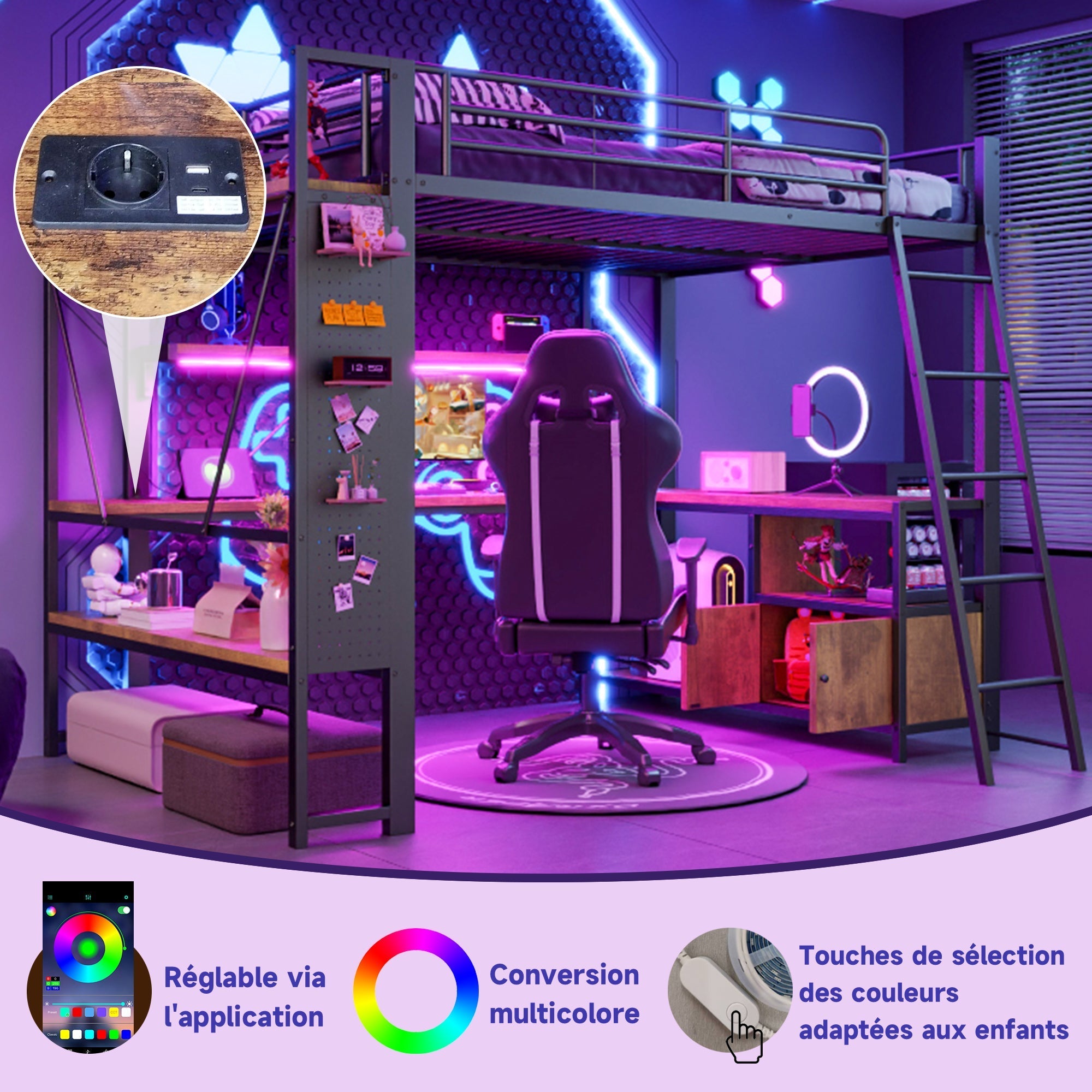 Loft Bed 140x200cm Iron Frame with Desk LED Light Strip USB Port Black