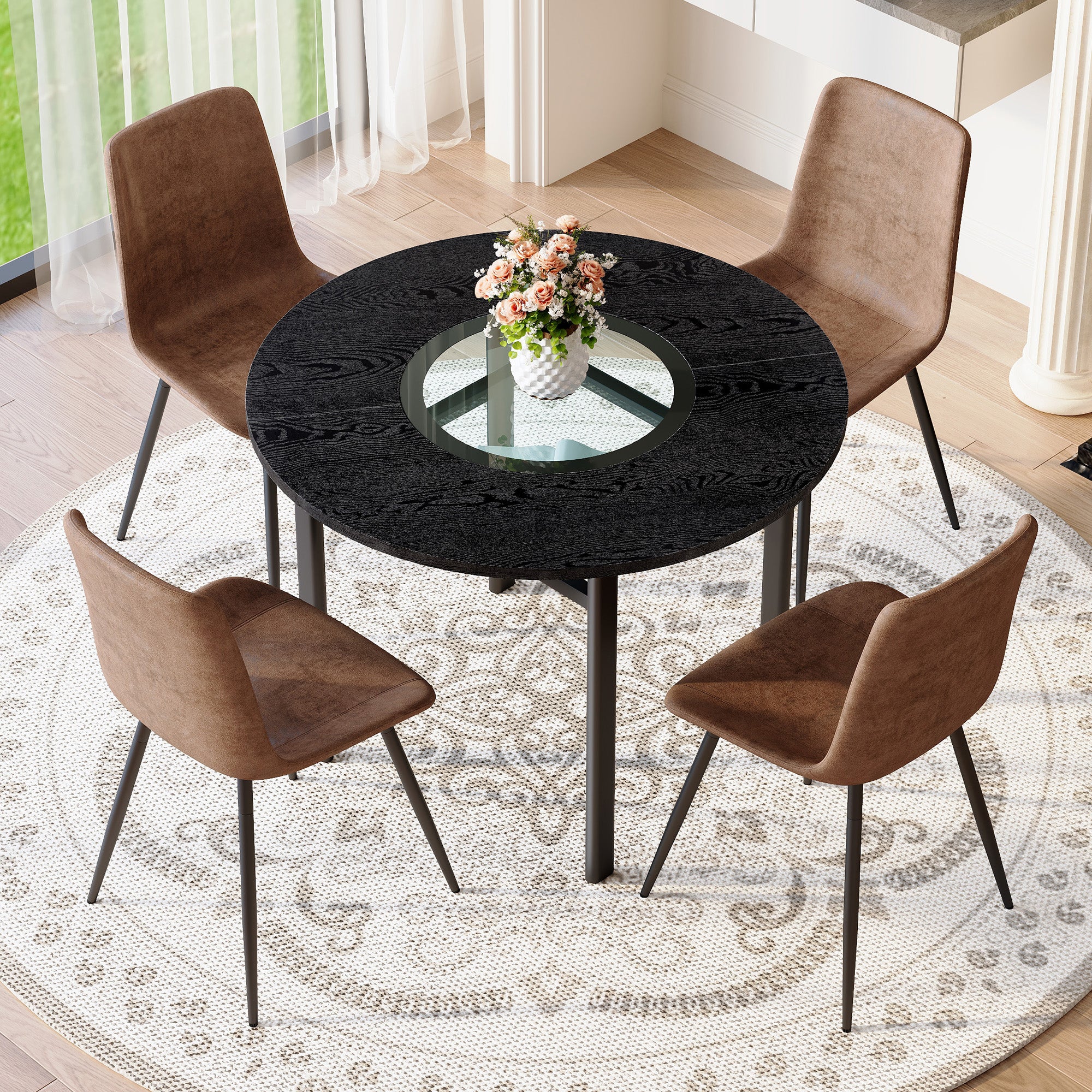 Modern Minimalist Round Table Set 100cm with 4 Tech Fabric Armchairs Black Wood Look & Brown
