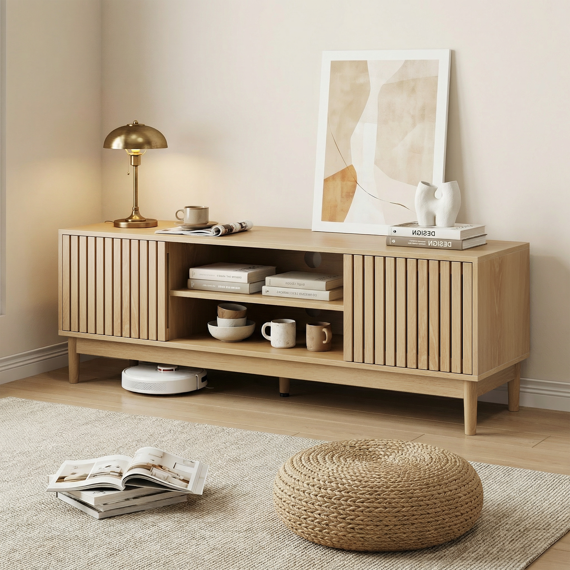 Mid-Century Modern TV Stand for 55/65 Inch TVs with Storage, 140cm High Media Console, Oak Color