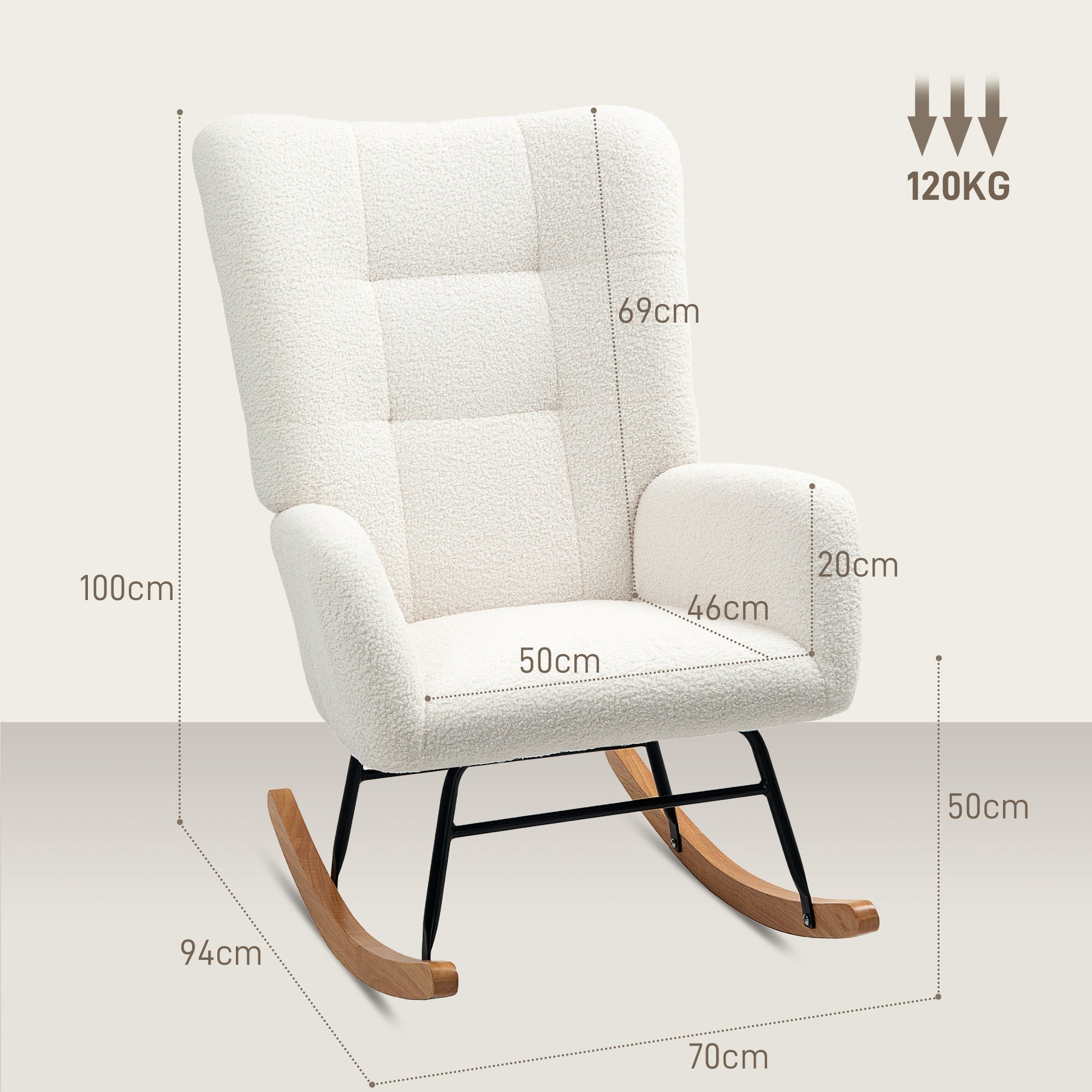 Rocking Chair, Armrests, Teddy Velvet, Cream White