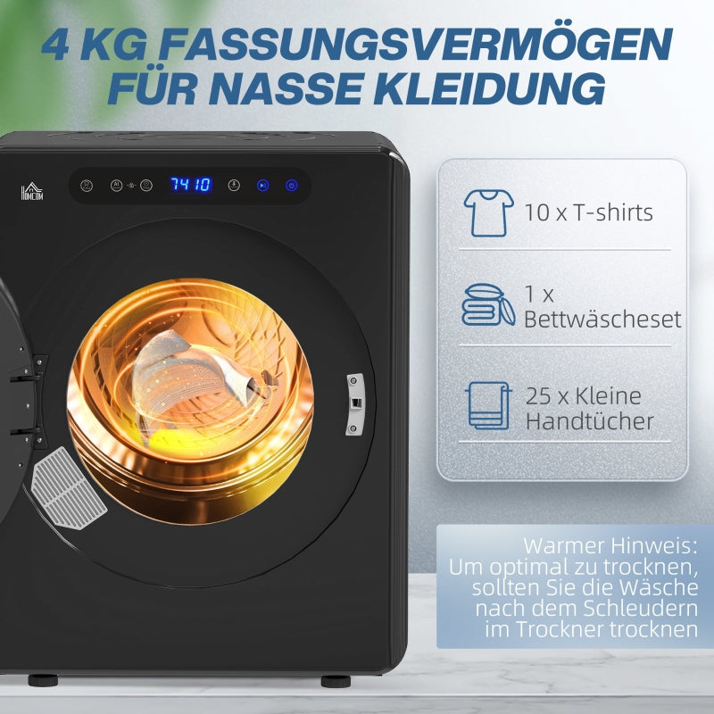 Tumble Dryer, 6 Programs, 4 kg, Compact, Touch Control, Black