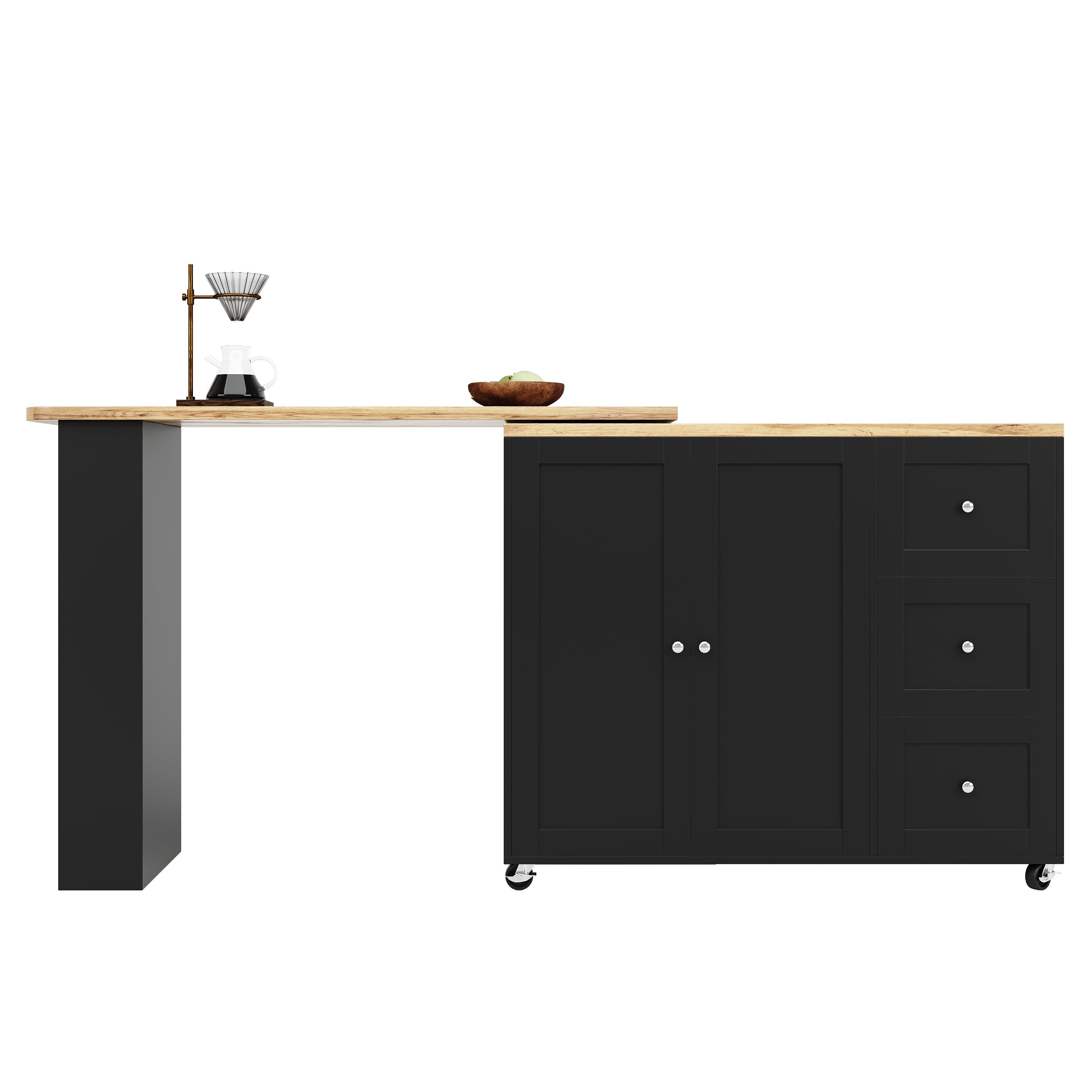 360° Rotating Bar Table Extendable On Casters Storage Island 3 Drawers Black