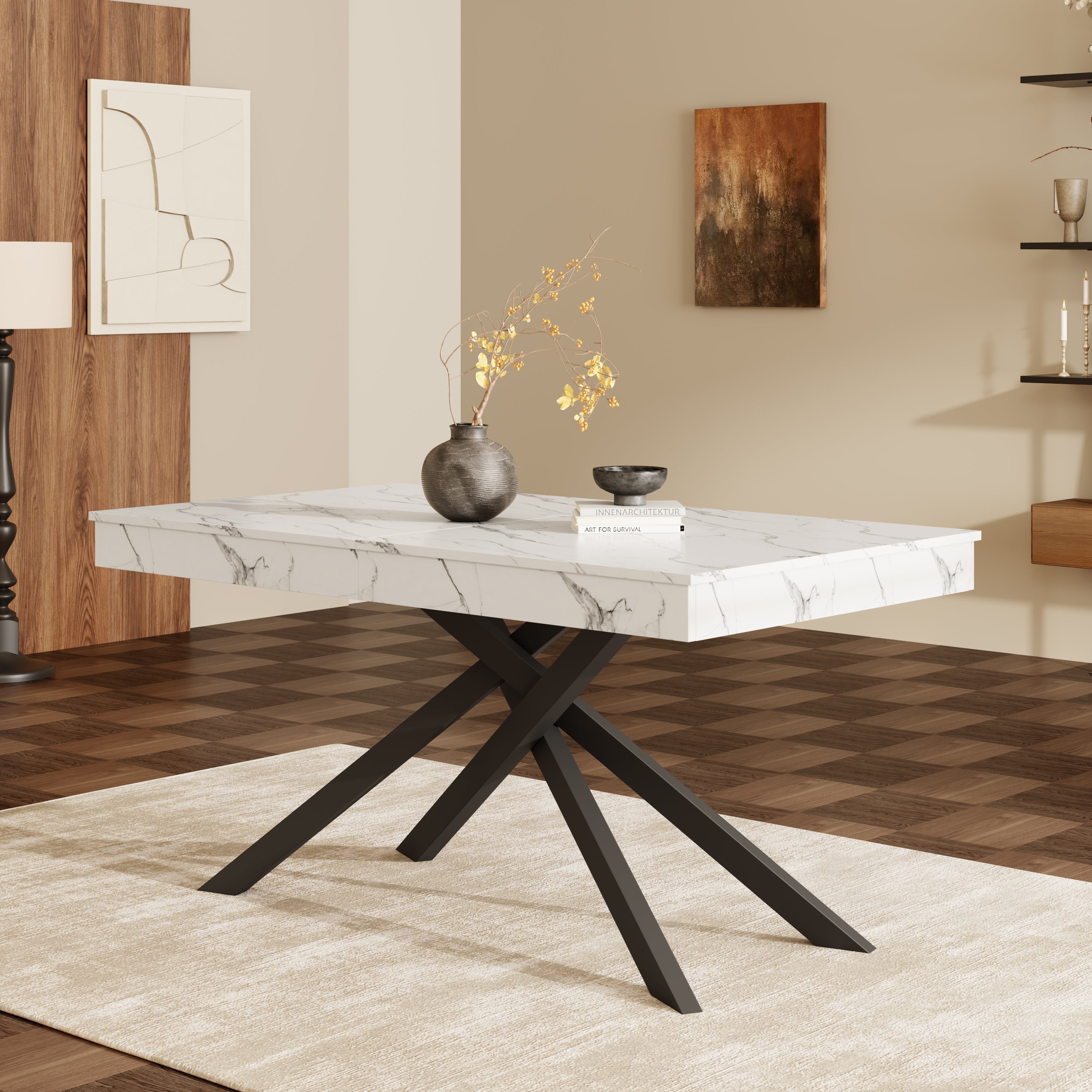 Extendable Dining Table 140/180x80cm Rectangular 6-8 Seater Metal Legs - White