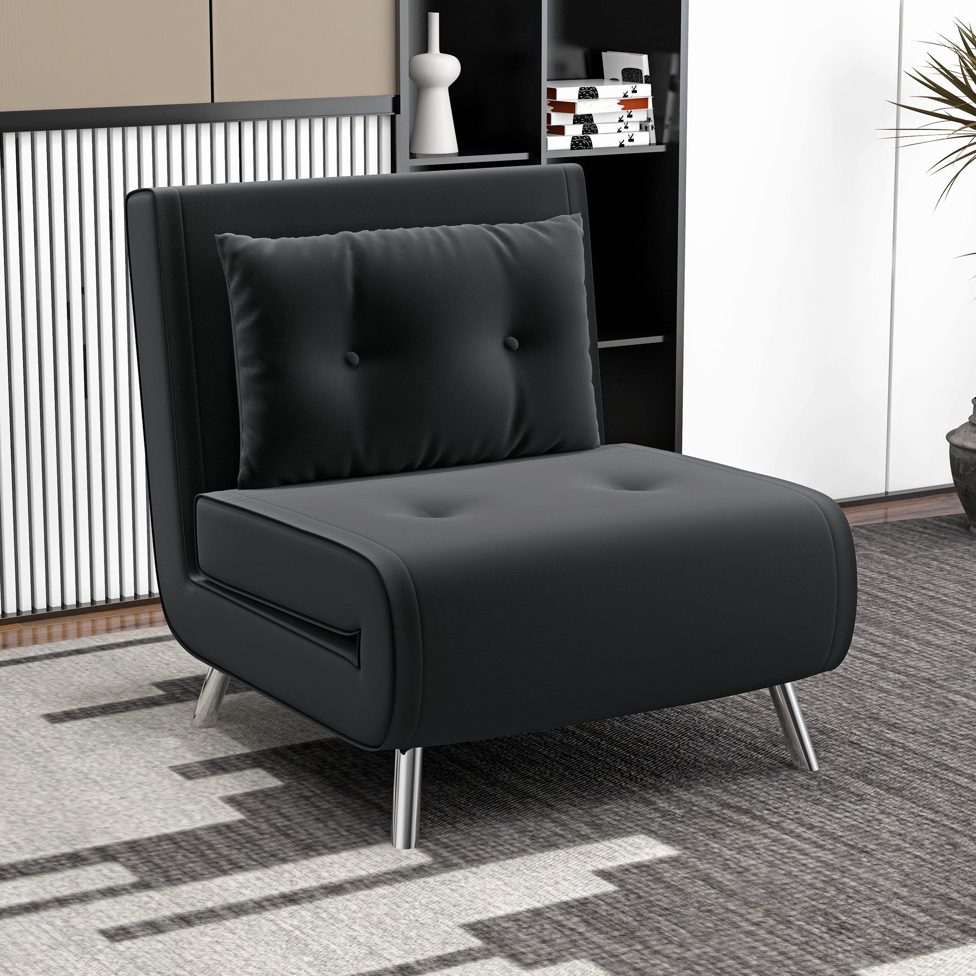 Folding Armchair, Bed Function Single Sofa, Velvet Black