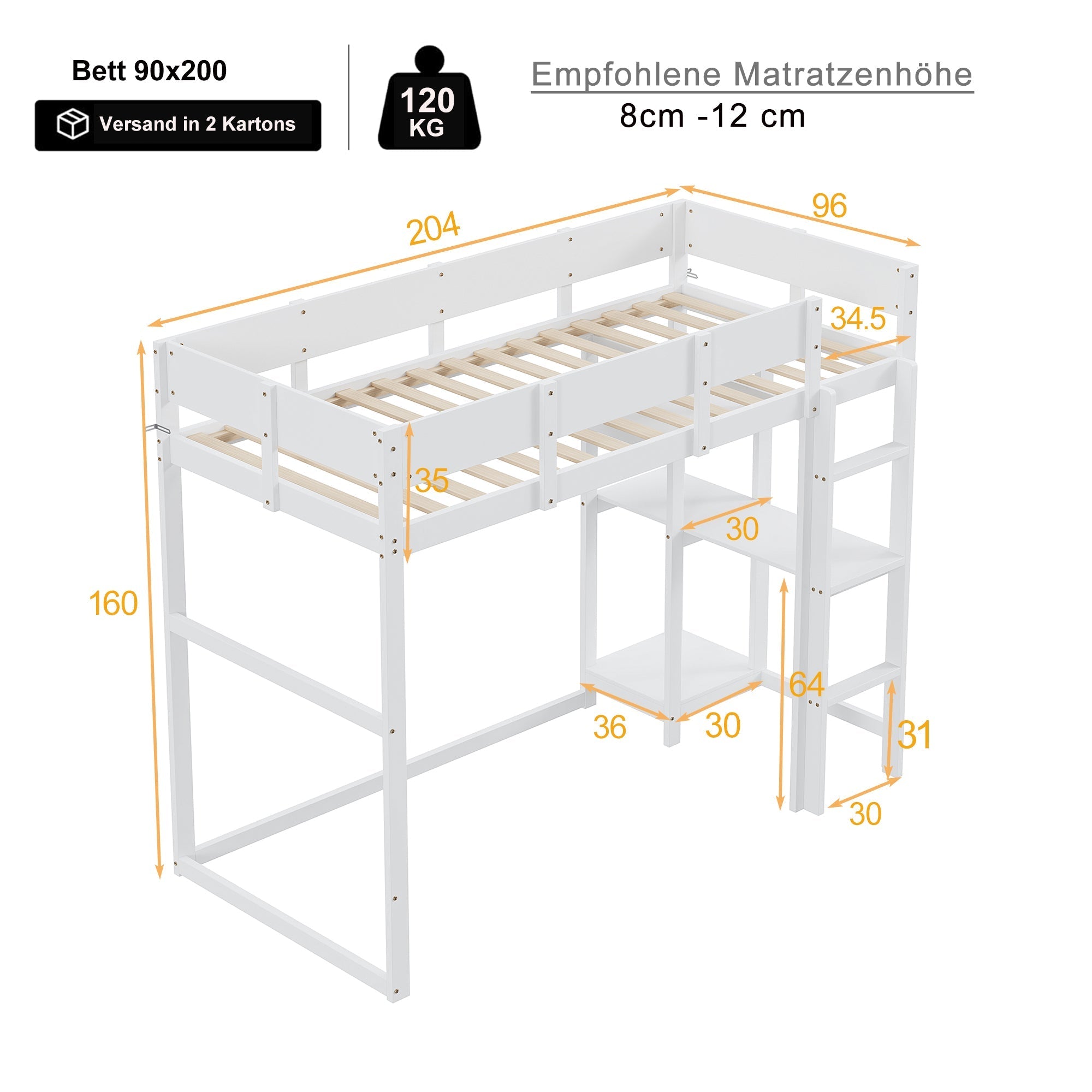 Loft Bed 90x200cm Storage Slatted Base - White Pine Wood