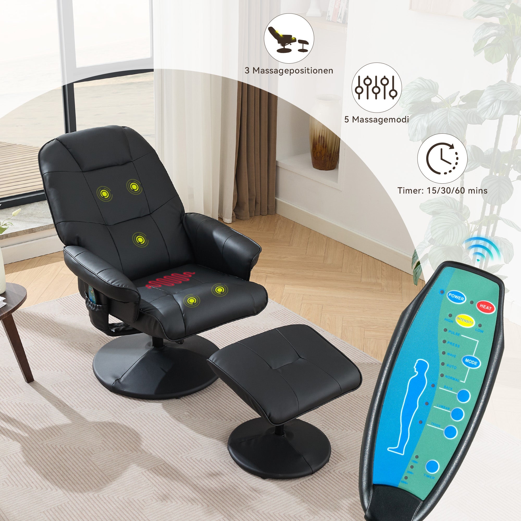 Massage Chair: Reclining, Heating & Stool, 360° Rotation, Black PU Fabric