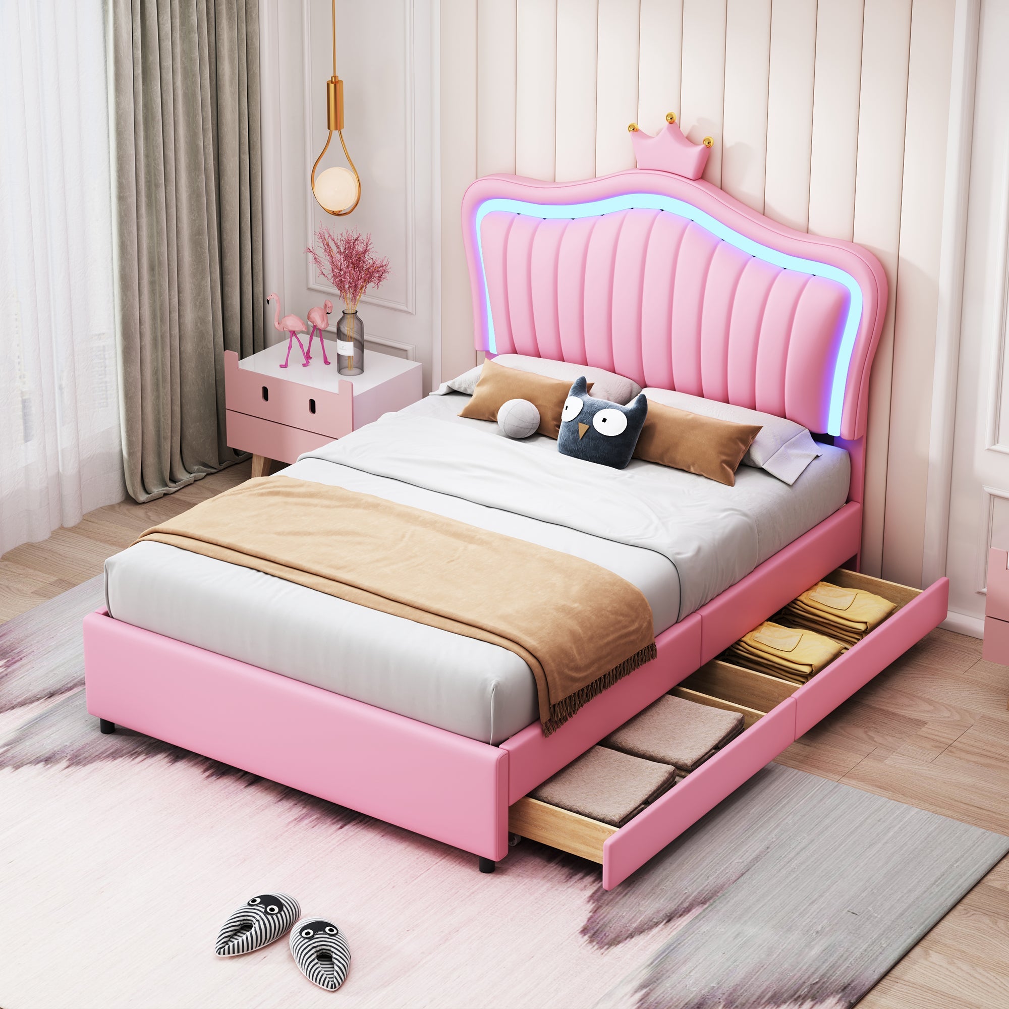Children's Bed, Upholstered with Storage Drawers & LED Lights, Pink PU Leather