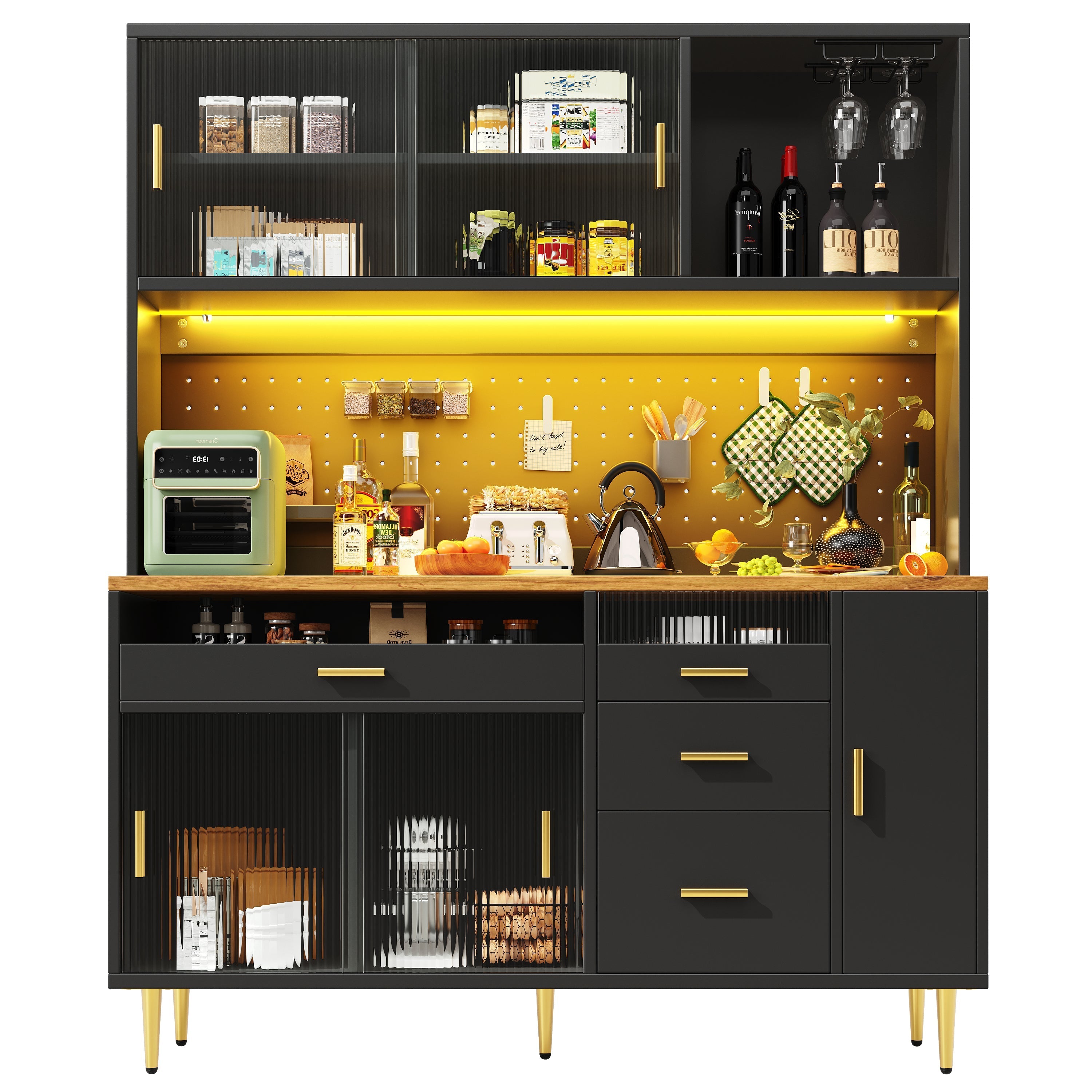 Tall Cabinet LED Lighting Pegboard Shelves Black