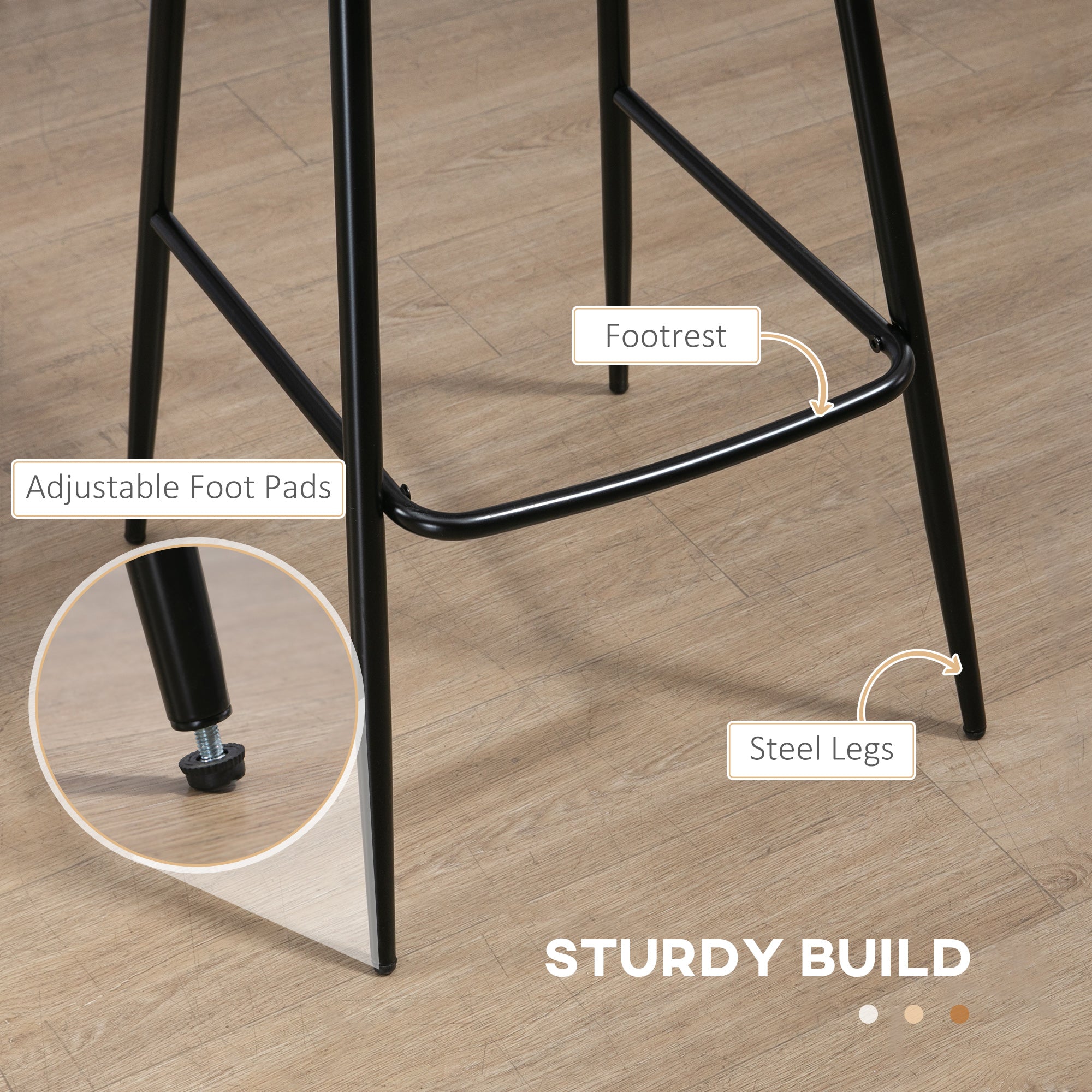 Bar Stools Set of 2, Upholstered with Backs, Steel Legs, PU Leather Brown