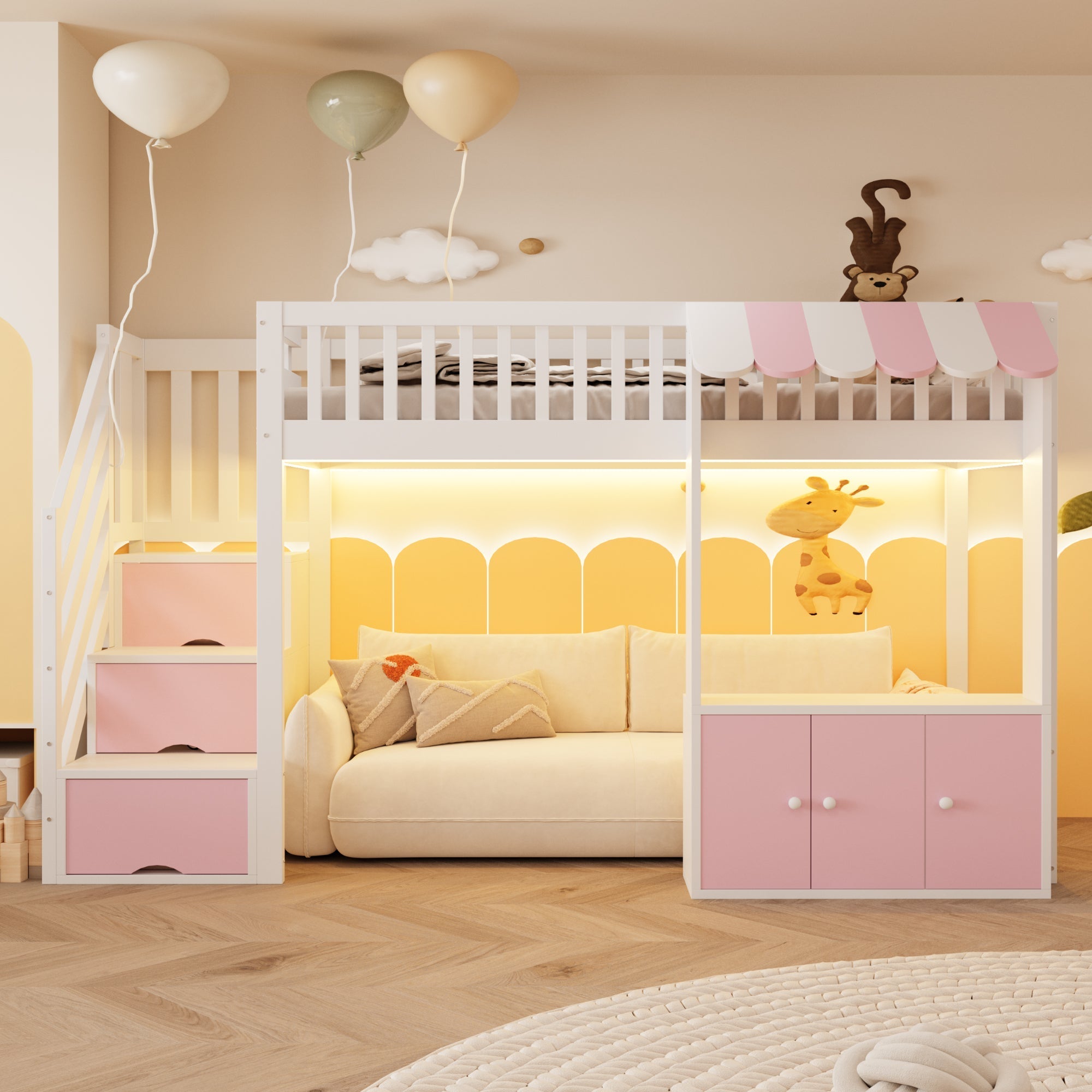 Loft Bed 90x200cm with Storage Stairs Wardrobe LED Light Wooden Pink