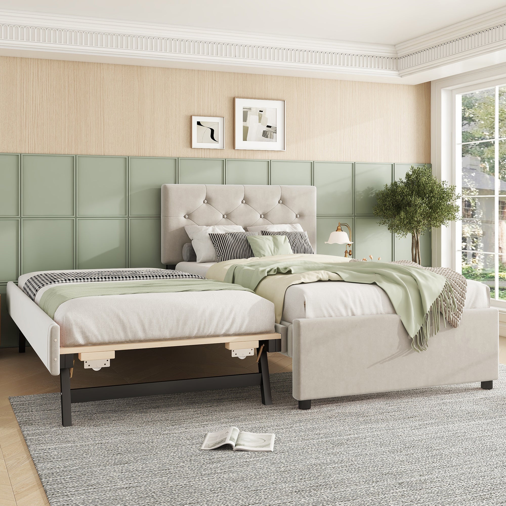 Upholstered Bed with Slatted Base and Rolling Storage, 90x200cm, Beige Velvet