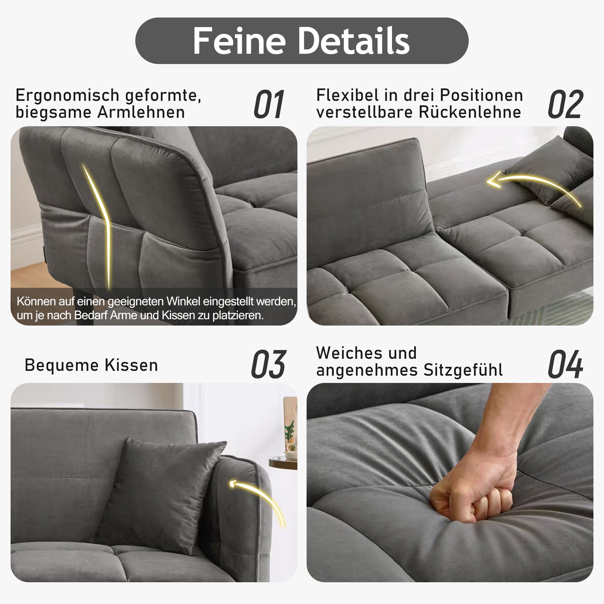 2-in-1 Sofa Bed, Two-seater Folding Armrests Sleeper, Velvet