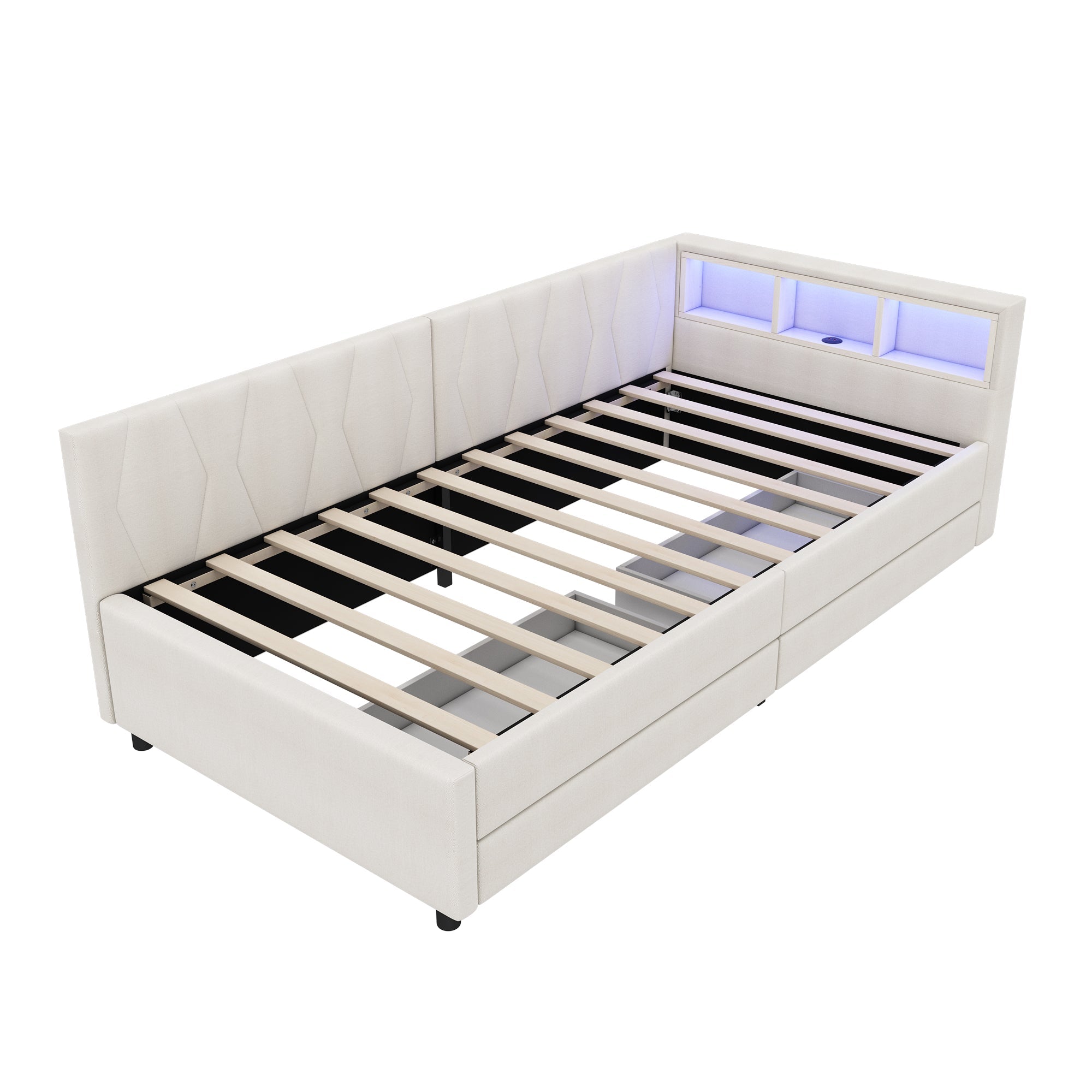 Daybed Sofa Bed 90x200cm Storage USB/Type-C LED Light 2 Drawers - Linen Beige