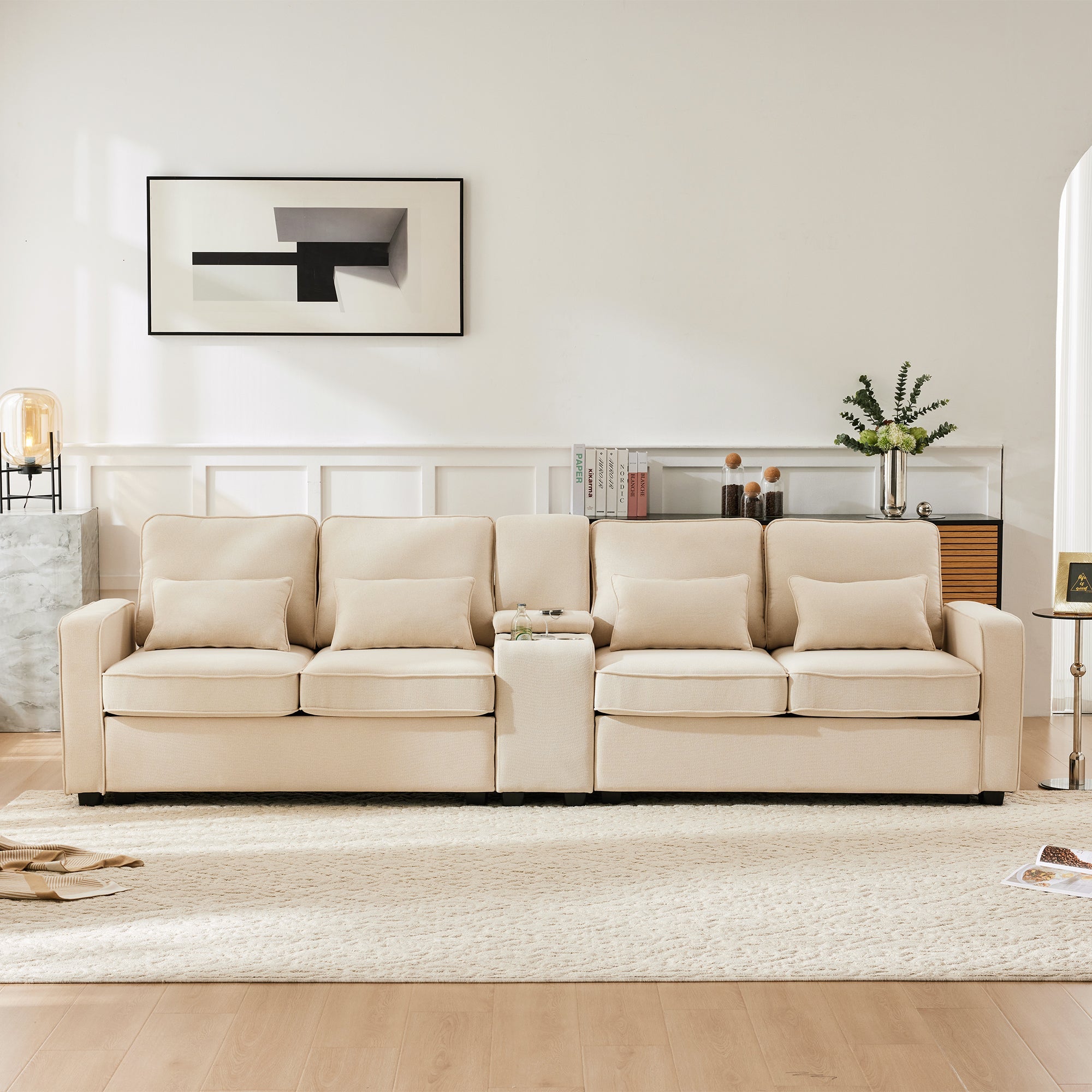 Sofa, 4-Seater with Console, Cup Holders, USB Ports, Linen Fabric