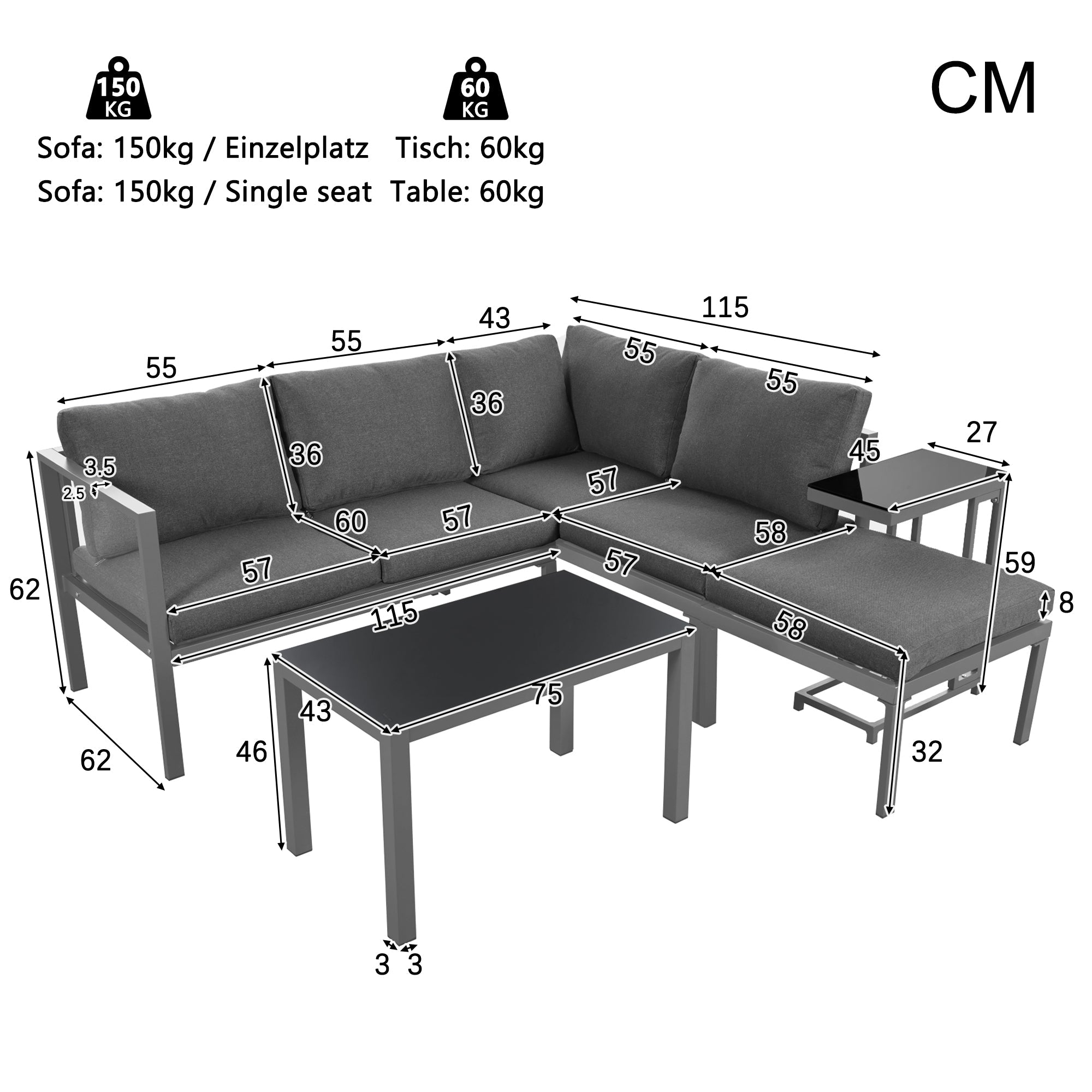 Garden Lounge Set Corner Chairs 4-5 Seater Side & Coffee Table 5-Piece - Grey