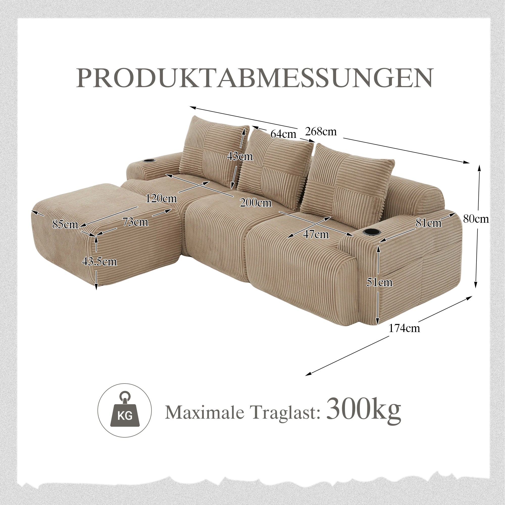 3-Seater Modular Sofa with Ottomans and Cup Holders, Khaki Corduroy