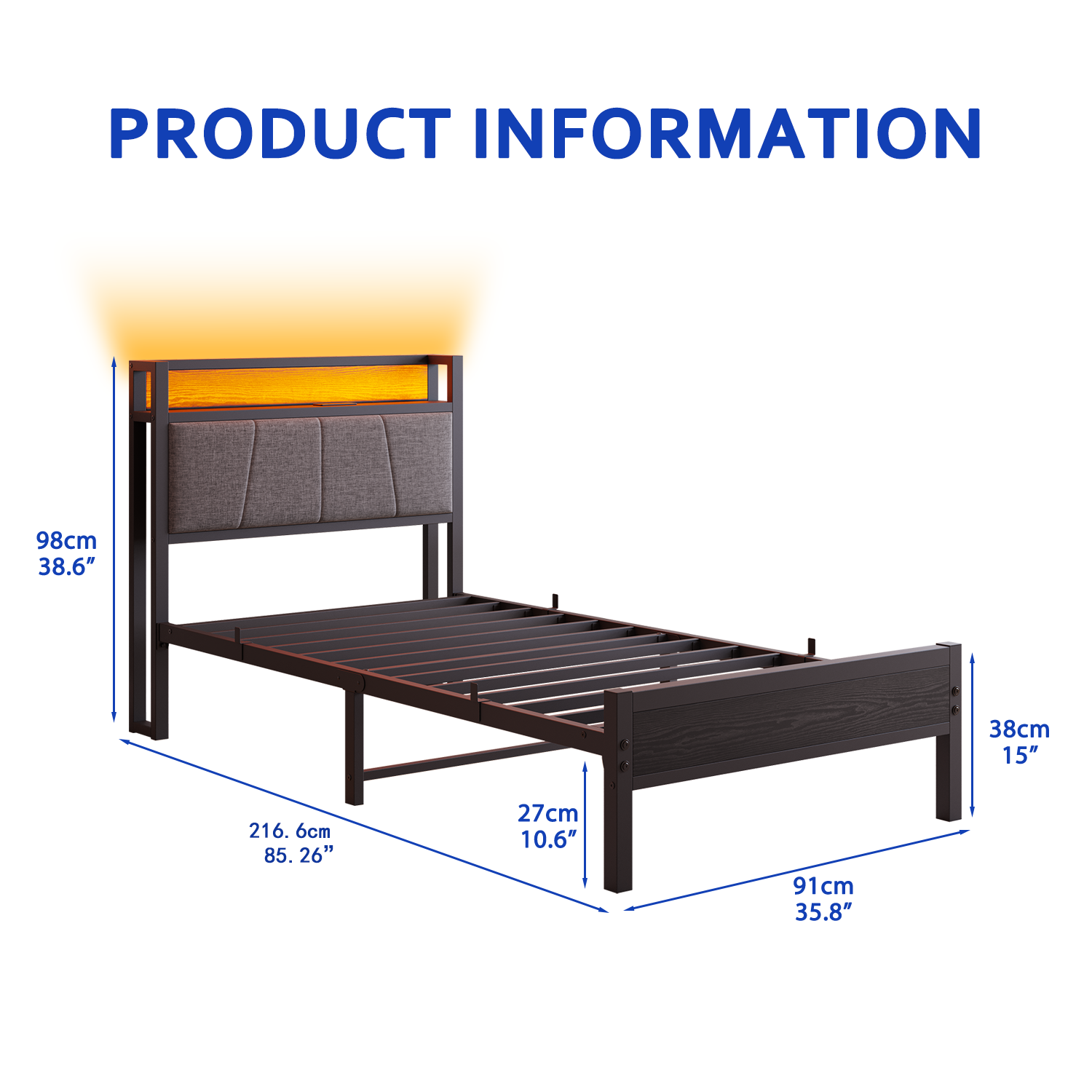 90x200cm Bed Frame Smart LED Lights USB Charging Headboard - Metal