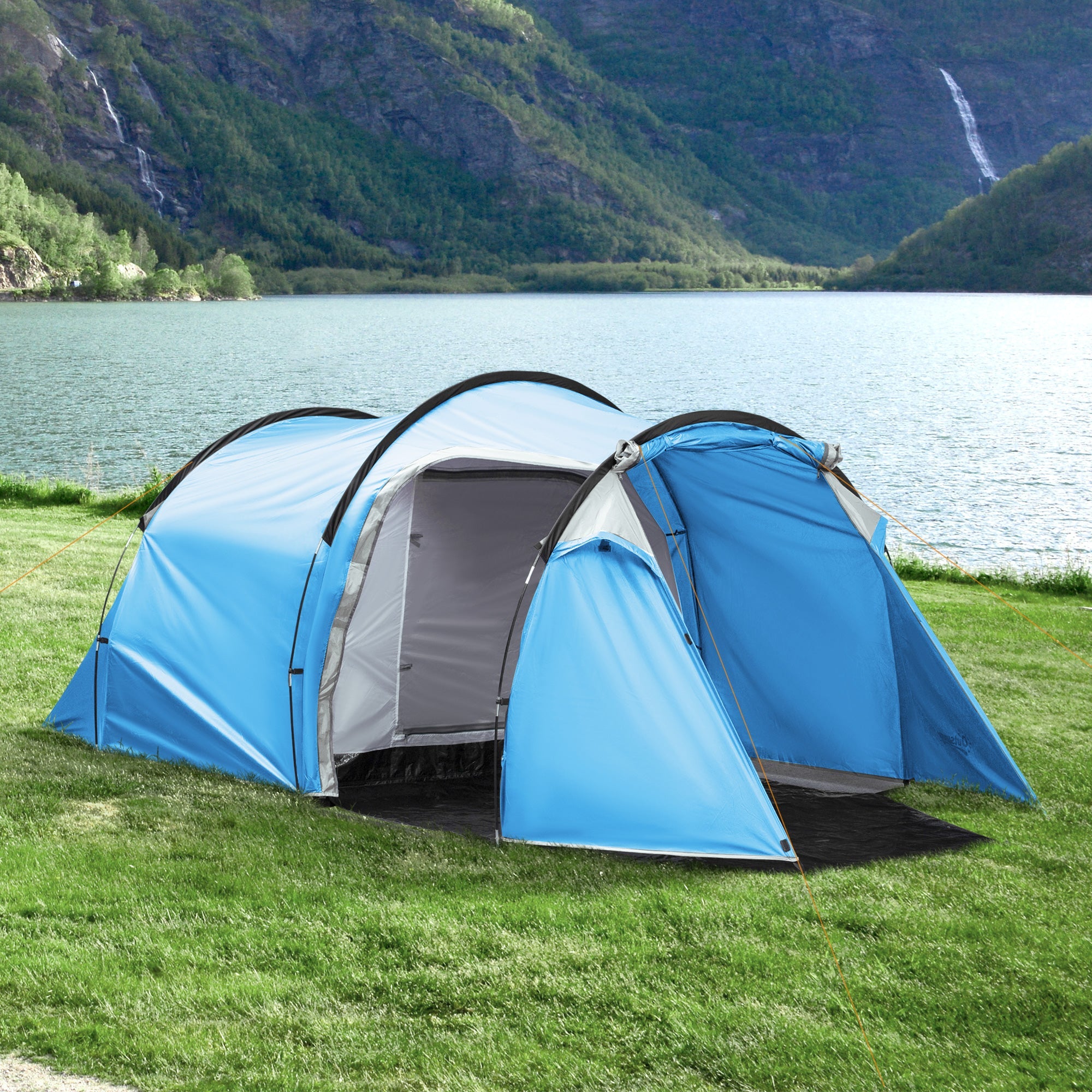 Tunnel Tent 2-3 Person Camping Tent with Pegs, Fiberglass & Polyester, Light Blue