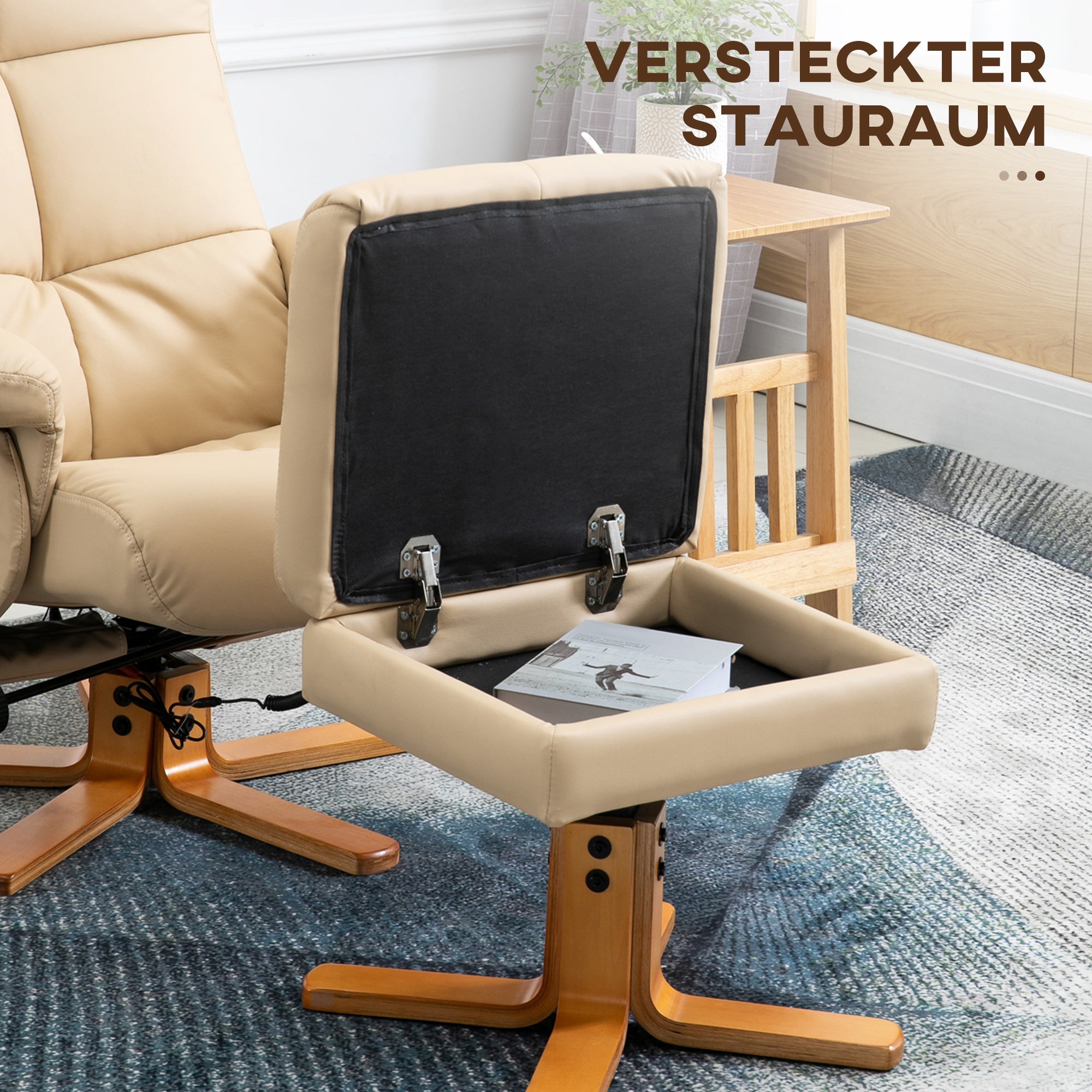 Reclining Massage Chair with Footstool, Storage, 145° Tilt, Polyester Cream White
