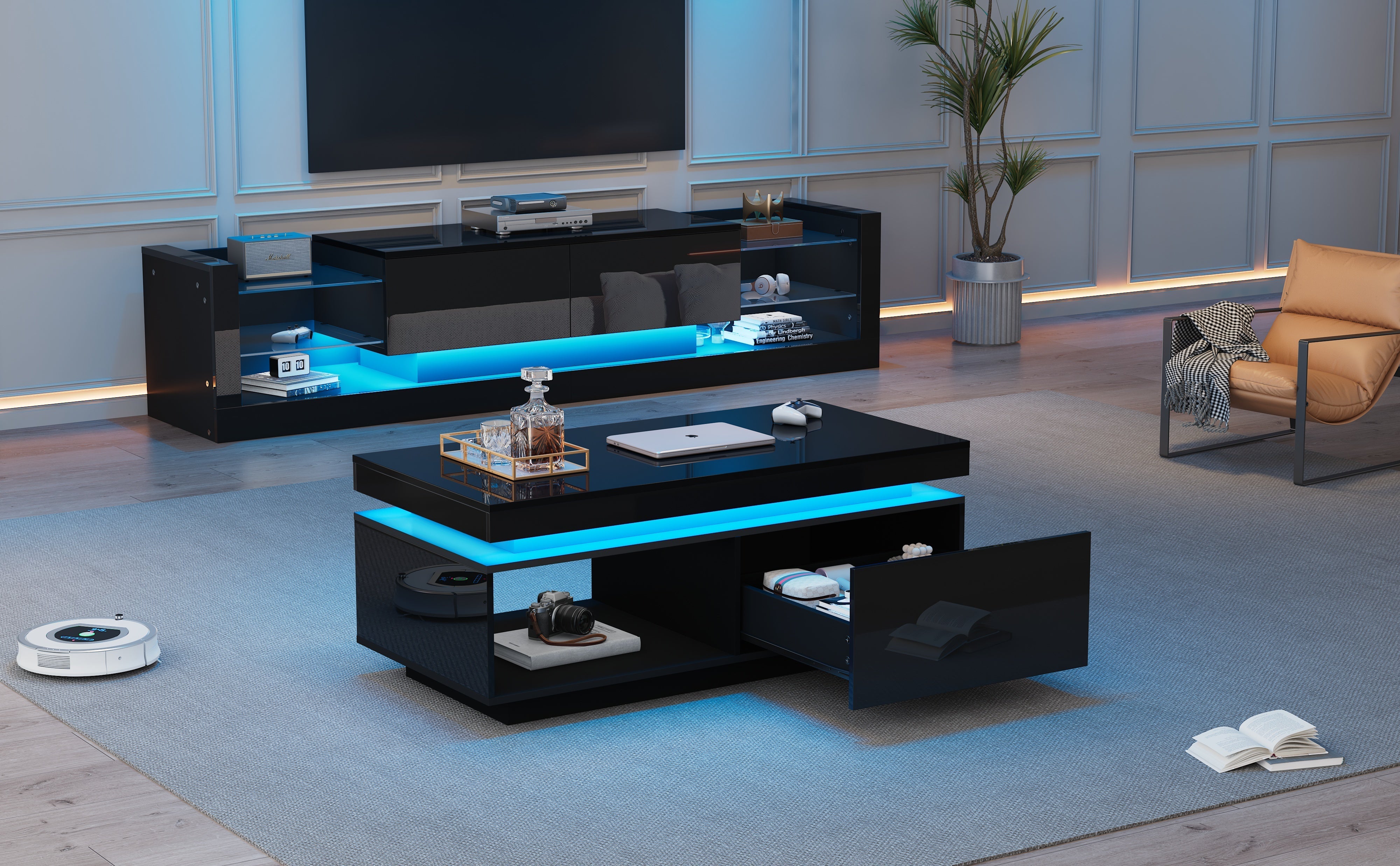 TV Wall Unit Set, Cabinet Coffee Table High-Gloss LED Lights, Black