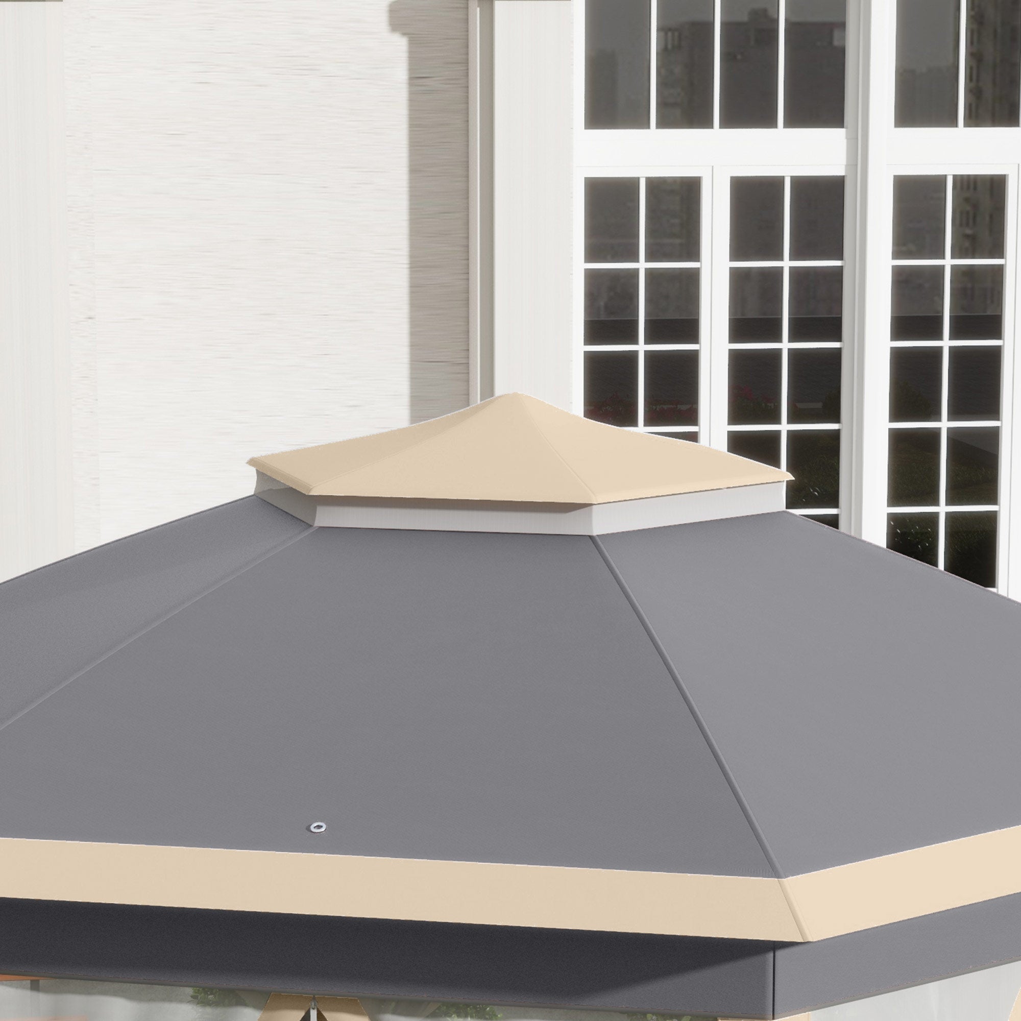 Pop-up Folding Pavilion, Hexagonal 4x4m Water UV-Resistant Double Roof, Polyester Beige/Khaki