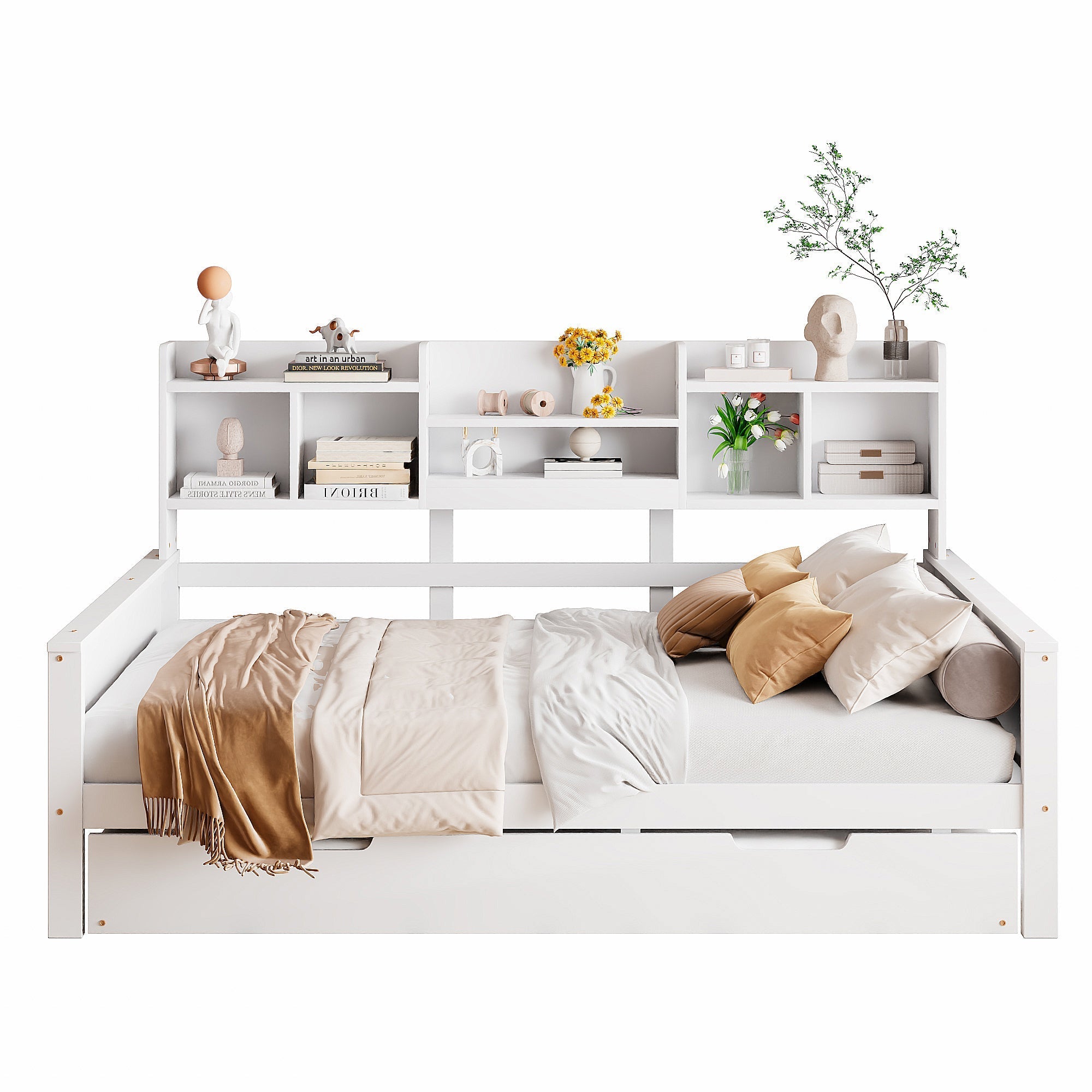 Sofa Bed, Pull-Out 140x200CM, Storage & Slatted Frame, Pine Wood White