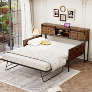 Sofa Bed, Pull-out with Storage & Sockets, Iron Black + Brown