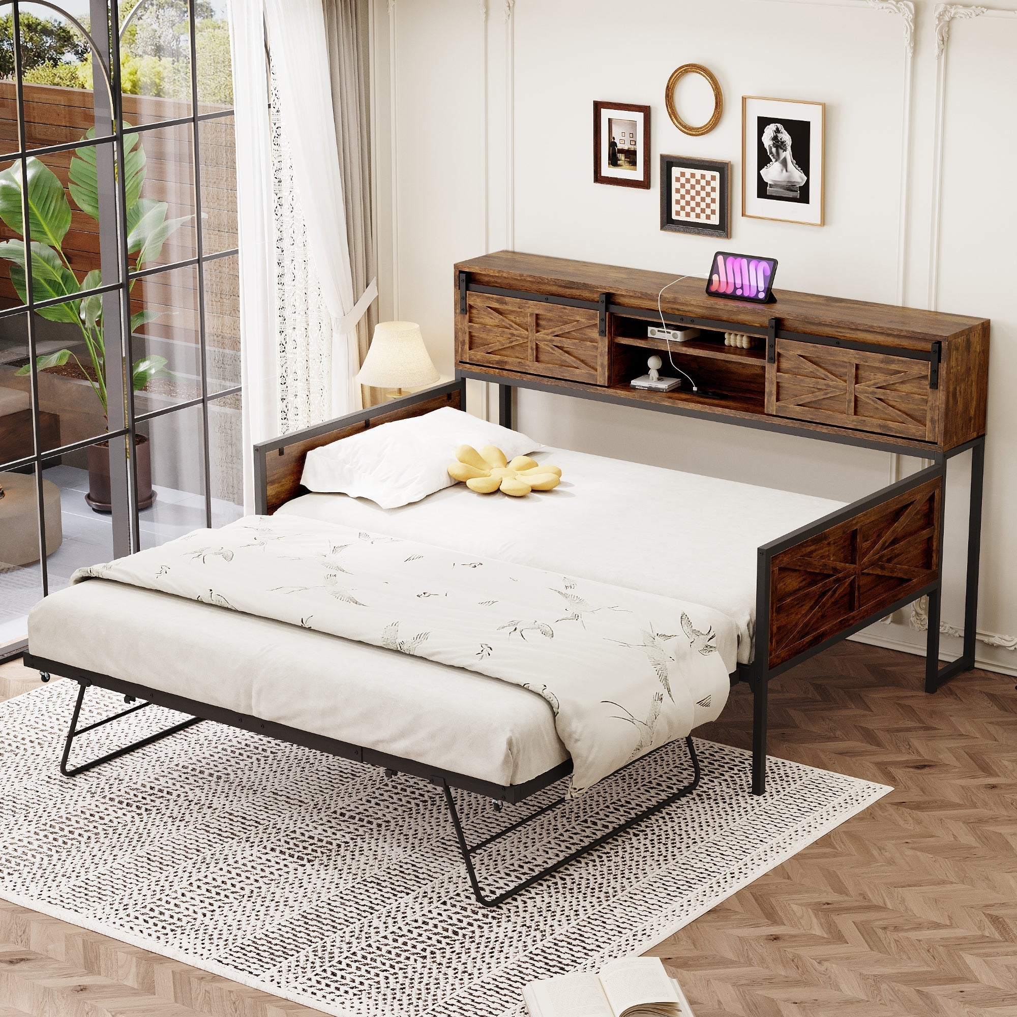 Sofa Bed, Pull-out with Storage & Sockets, Iron Black + Brown