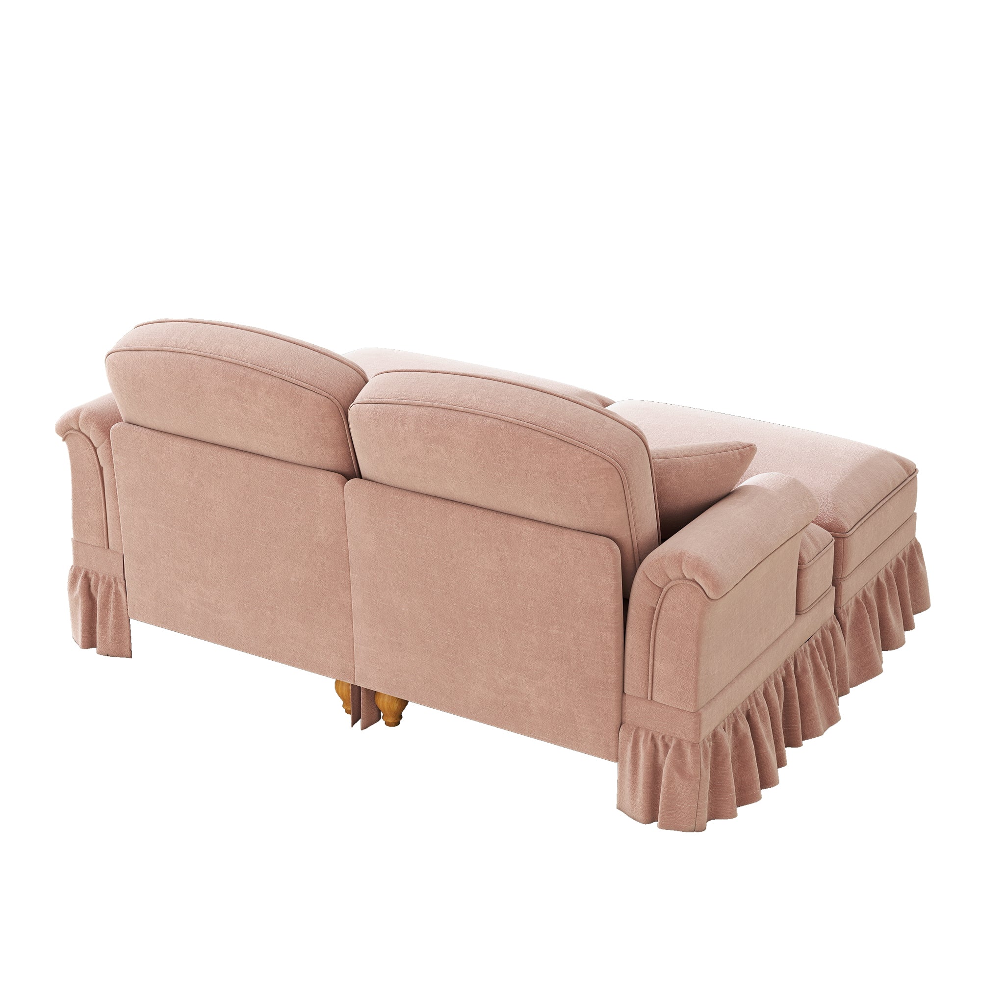 Modular 2-Seater Chenille Sofa with Funnel Armrests, Ruffled Apron & Ottoman Pink