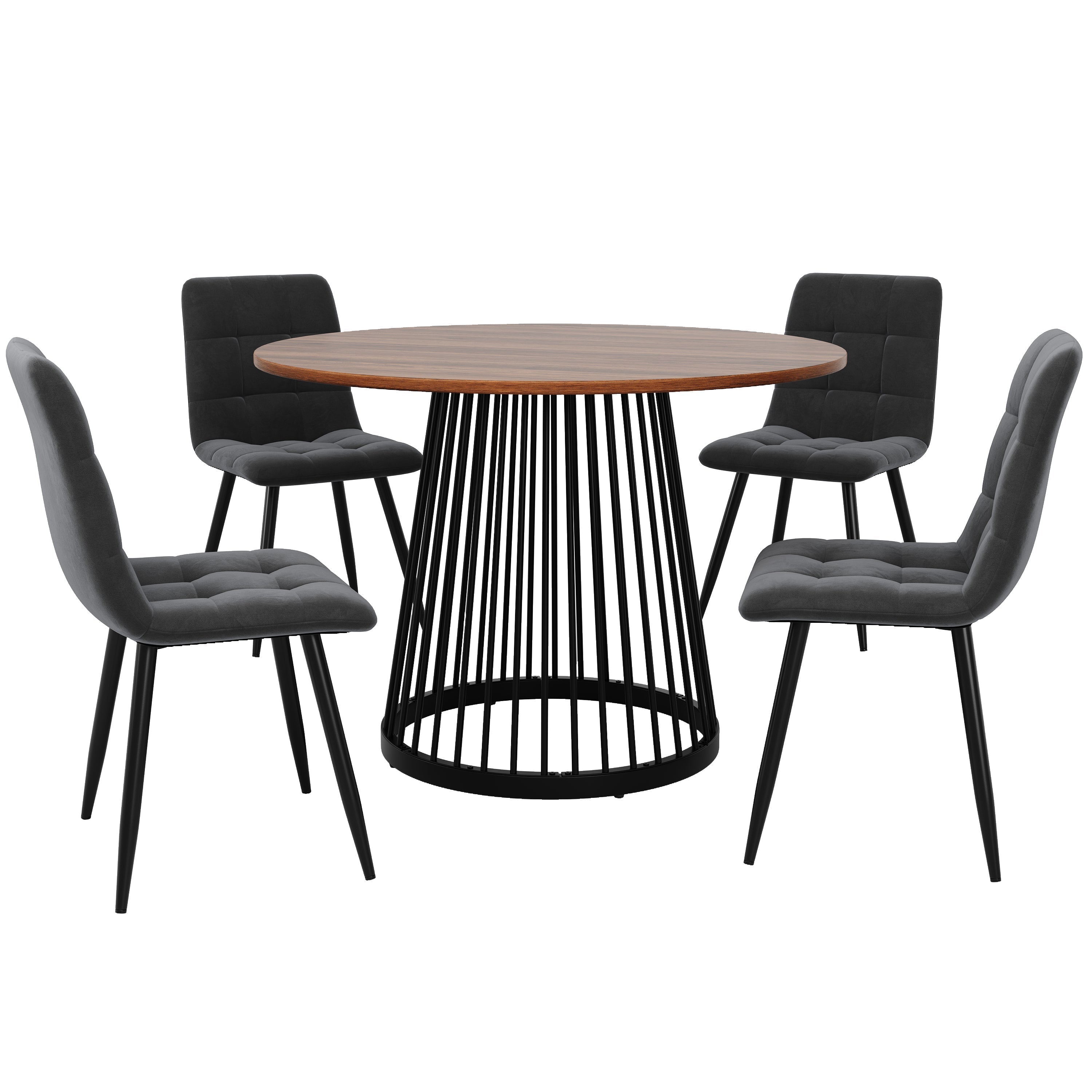 5-Piece Dining Table Set Round 80cm Kitchen Black Metal Walnut MDF/Velvet