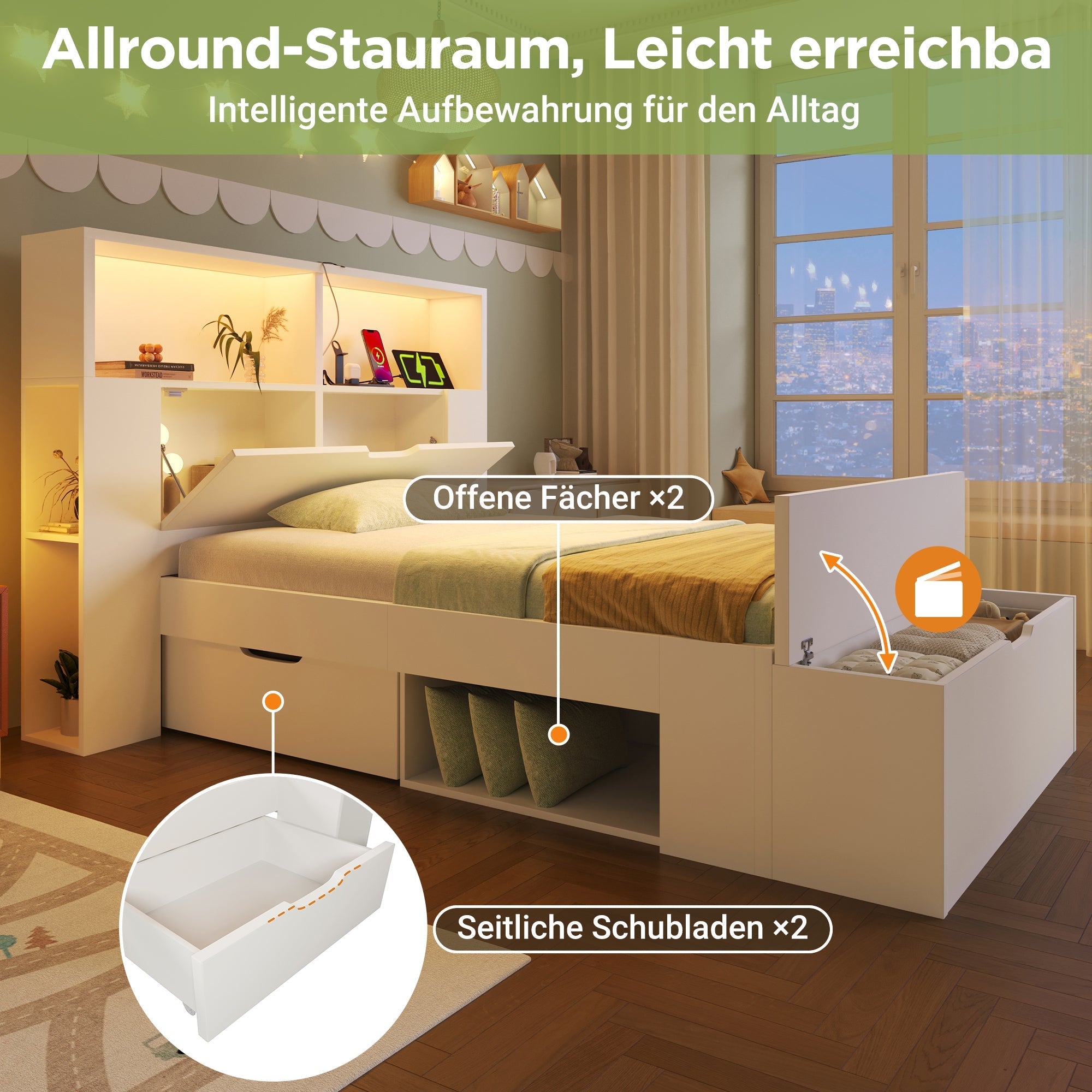 Wooden Single Bed 90x200cm Storage LED USB Drawers Shelves - White Wood