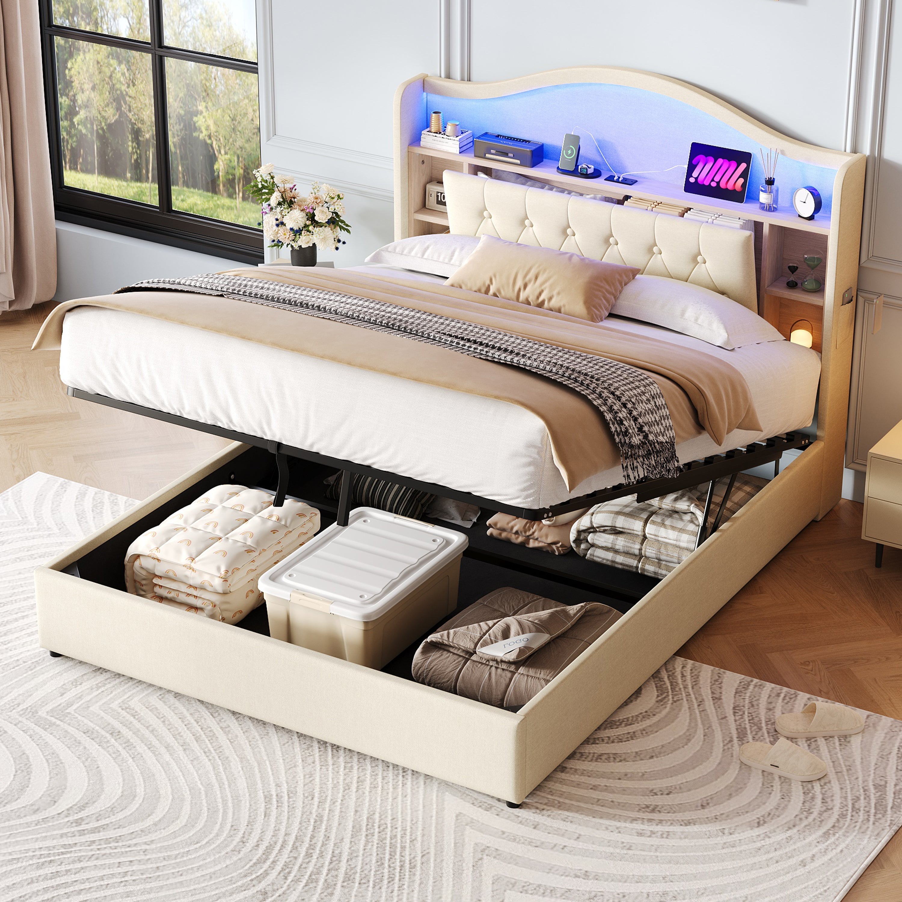 4ft6 Double Upholstered Bed Frame with Hydraulic Storage, LED Headboard & Charging Ports, Linen Beige