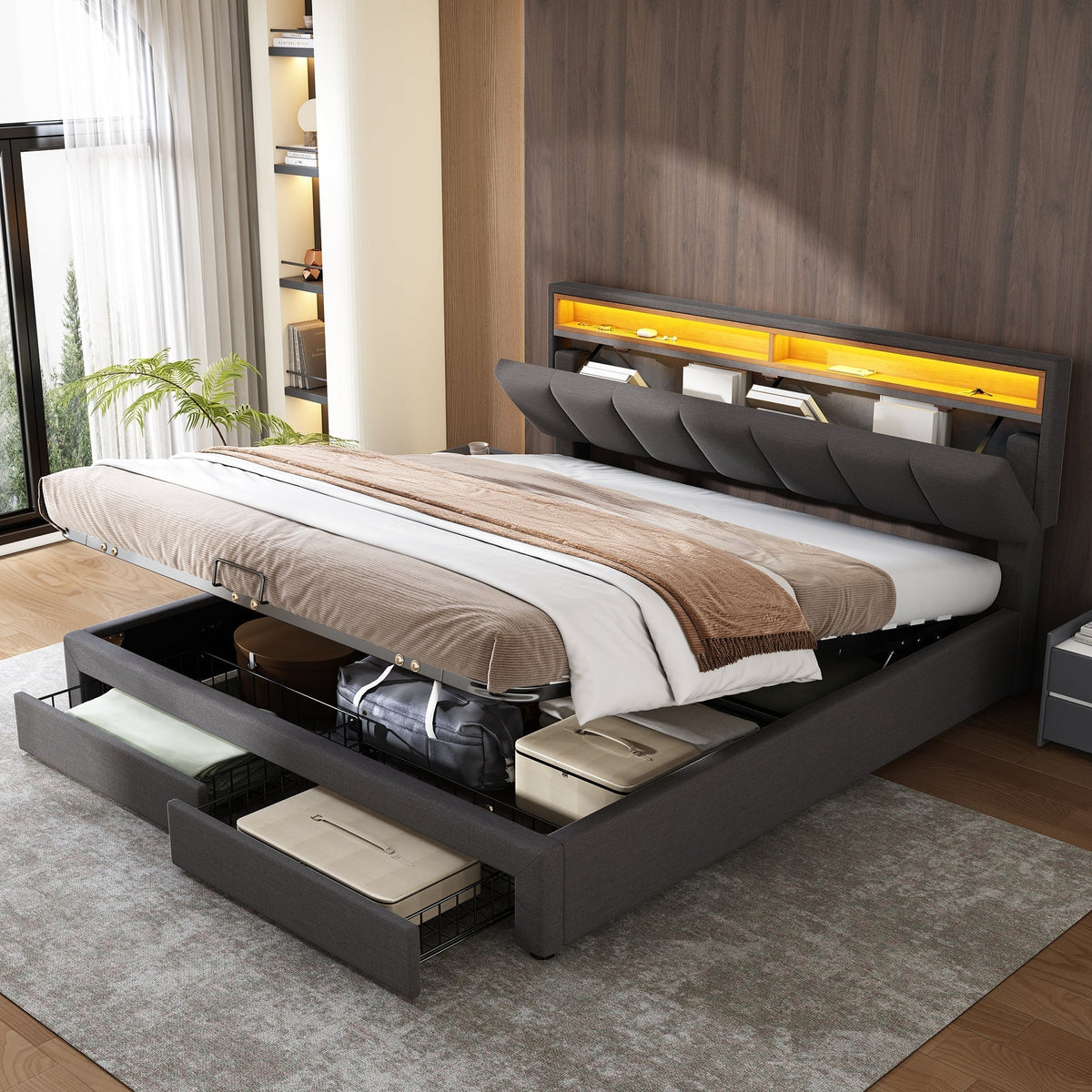 Upholstered Double Bed 160x200cm Hydraulic Storage LED Stowable Headboard - Linen Grey