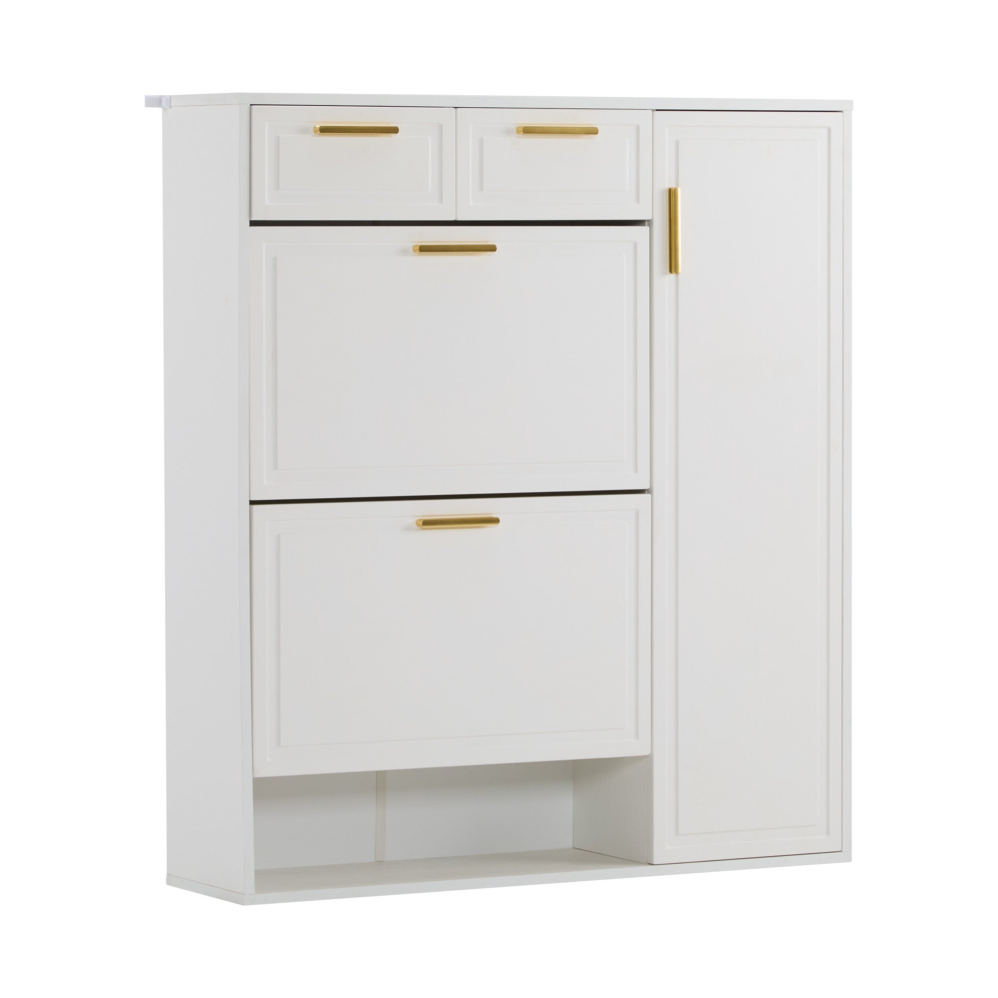 Modern Shoe Cabinet, adjustable shelves, gold handles, drawers, folding, white
