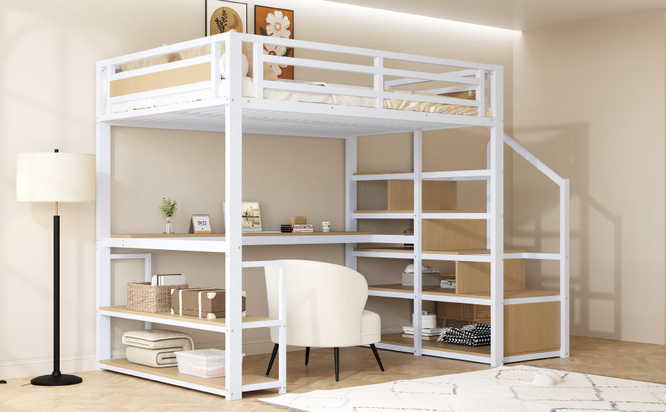 Metal Loft Bed with Storage Ladder, Shelves and Table, 140x200cm, White Metal
