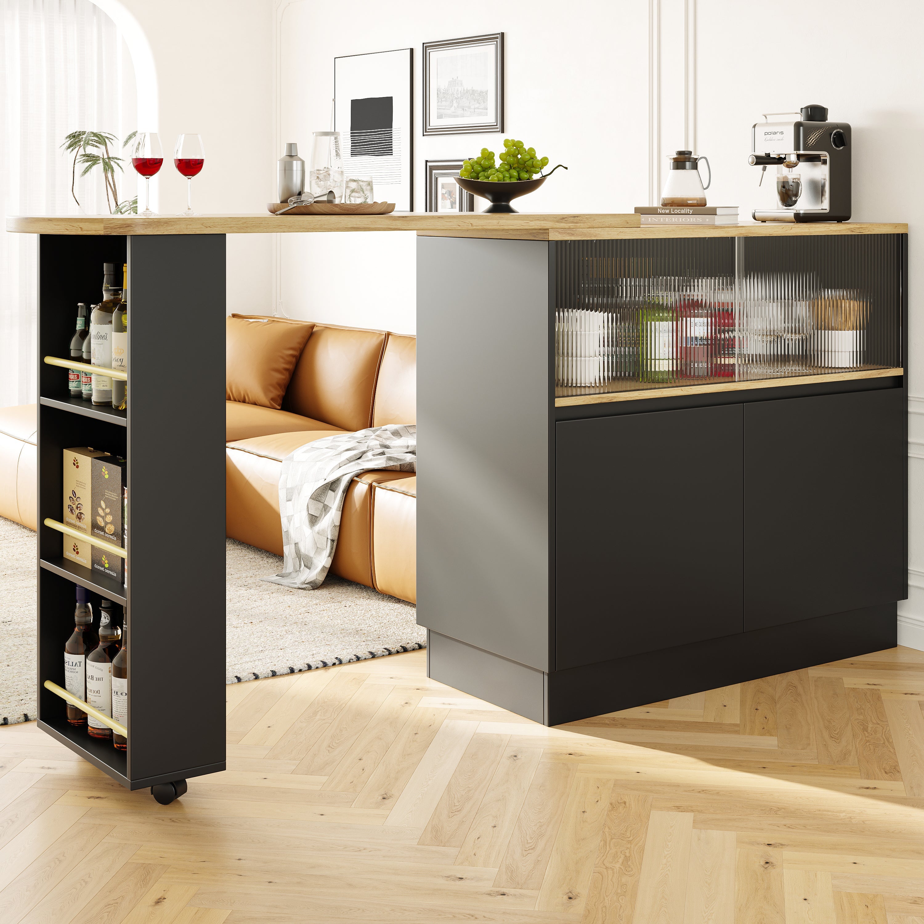 360° Swivelling Dining Bar with Shelves and Glass, Multifunctional, Black