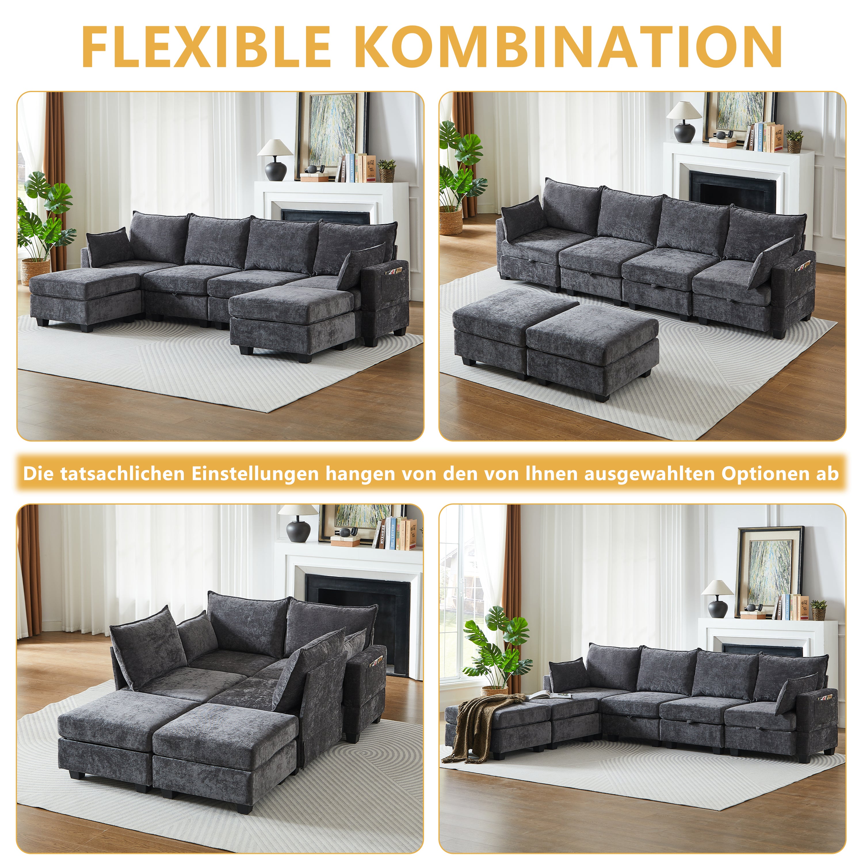 Modular Sofa U-Shaped 6-Seater Chaise Longue Storage Ottoman Chenille