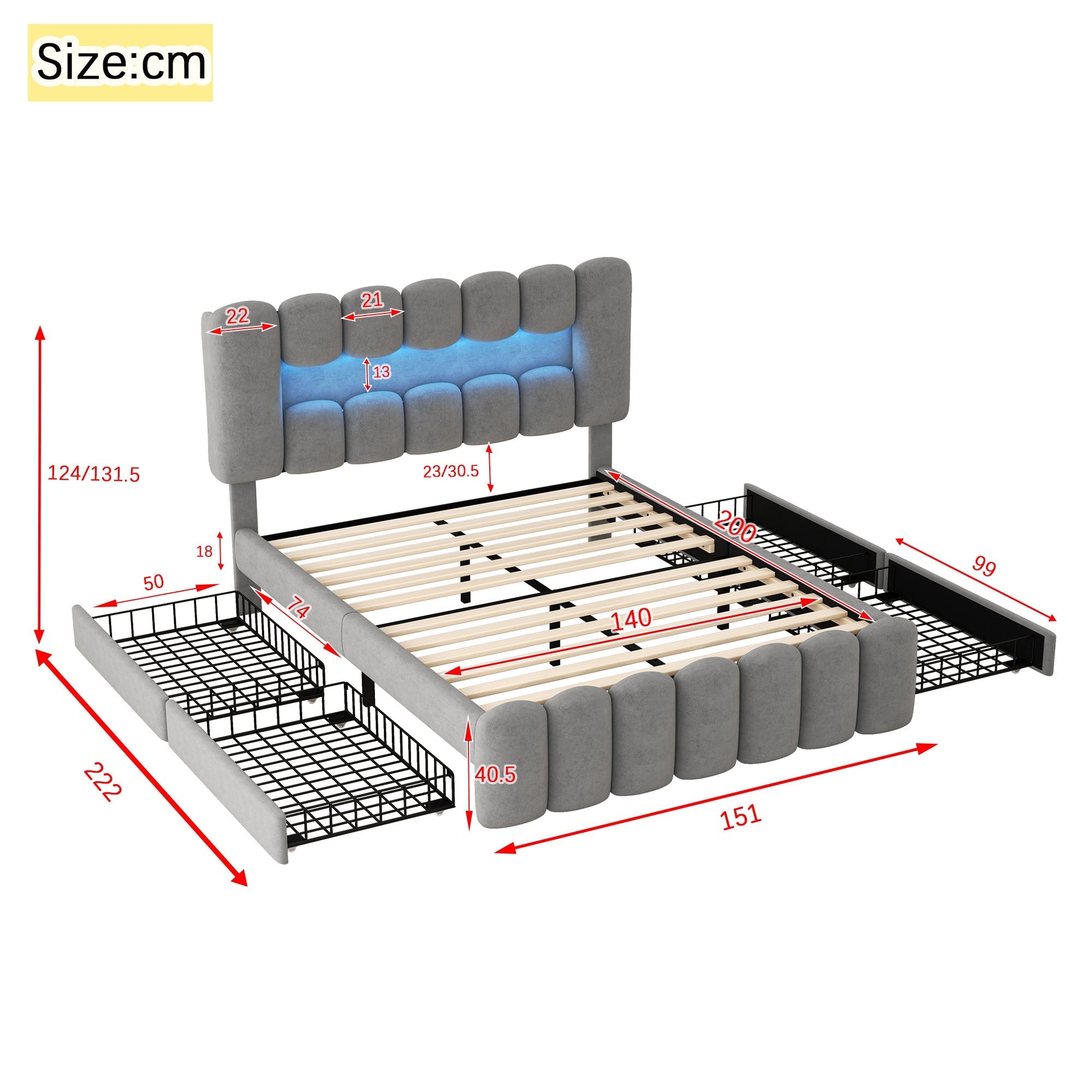 Upholstered Bed 140x200 with 4 Drawers, LED Light Strip, USB, Stereo System, Grey
