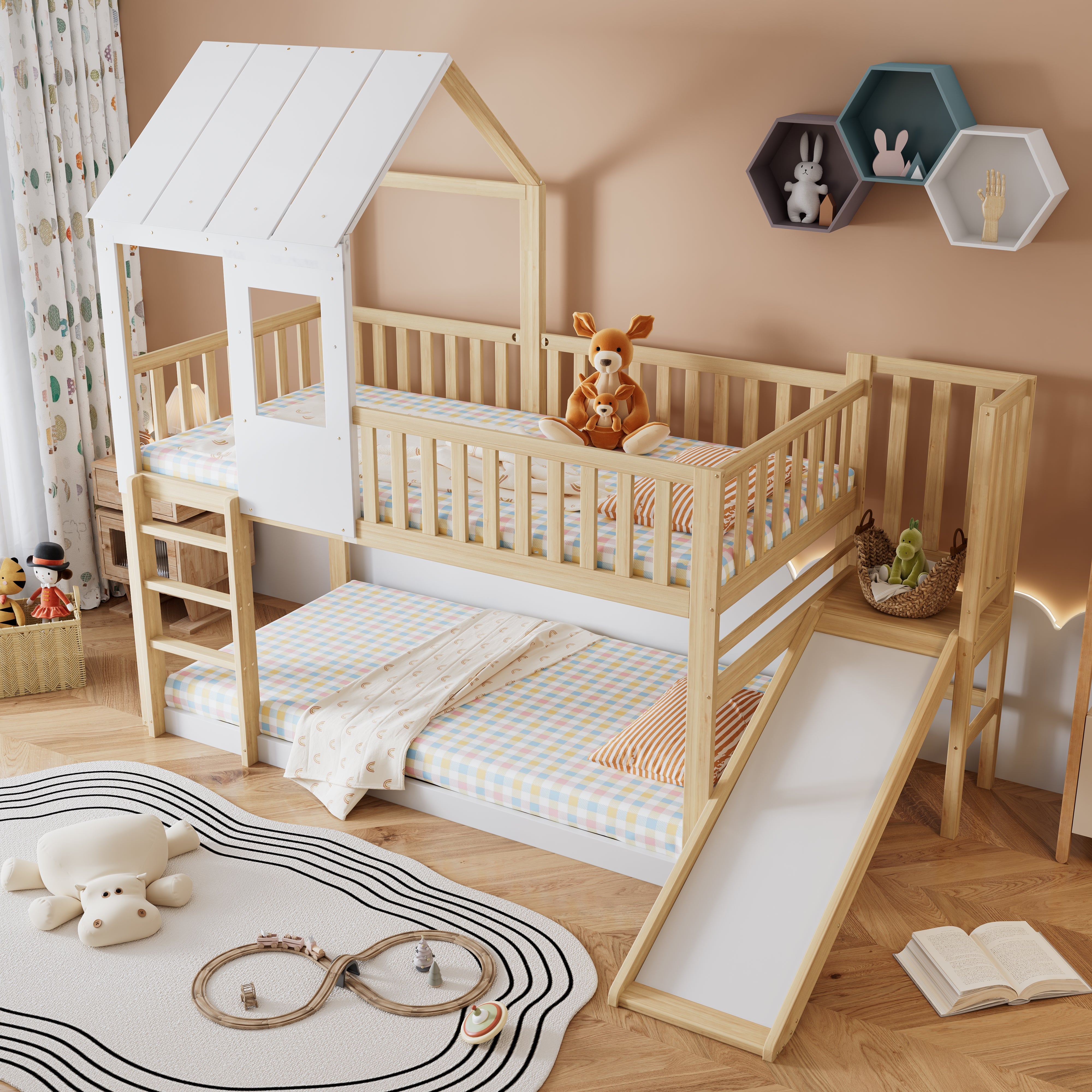 Bunk Bed with Ladder, Slide, Roof & Window, Pine Wood, Natural + White