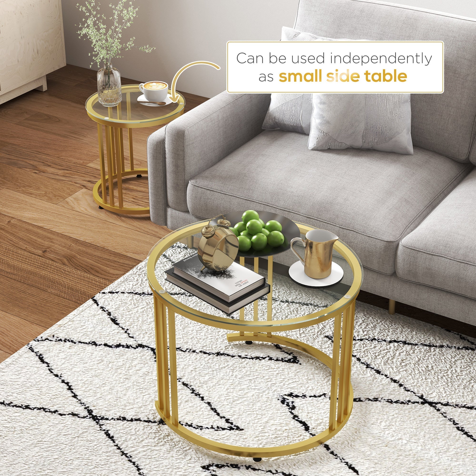 Round Coffee Tables Set of 2, Nesting Tempered Glass Top Steel Frame, Gold Tone