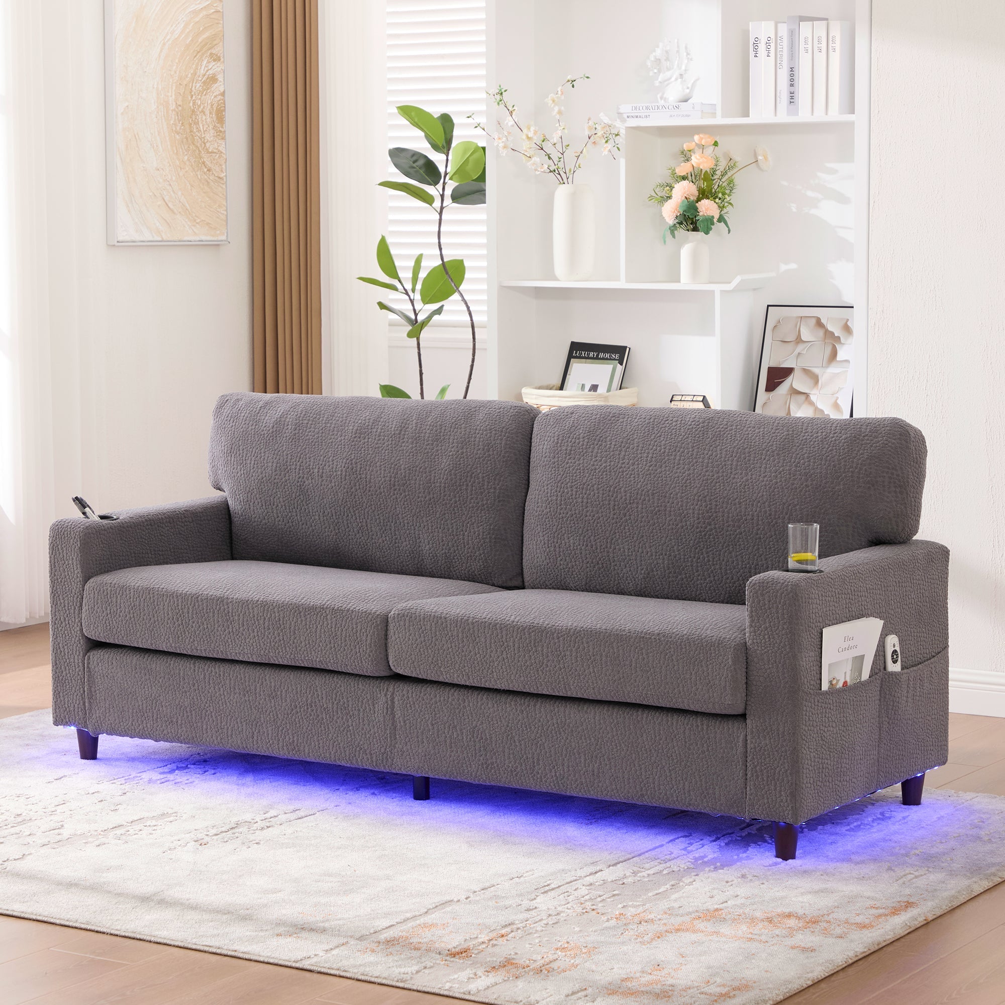 2-Seater Sofa USB-C LED Cup Holders & Pockets - Light Gray Chenille