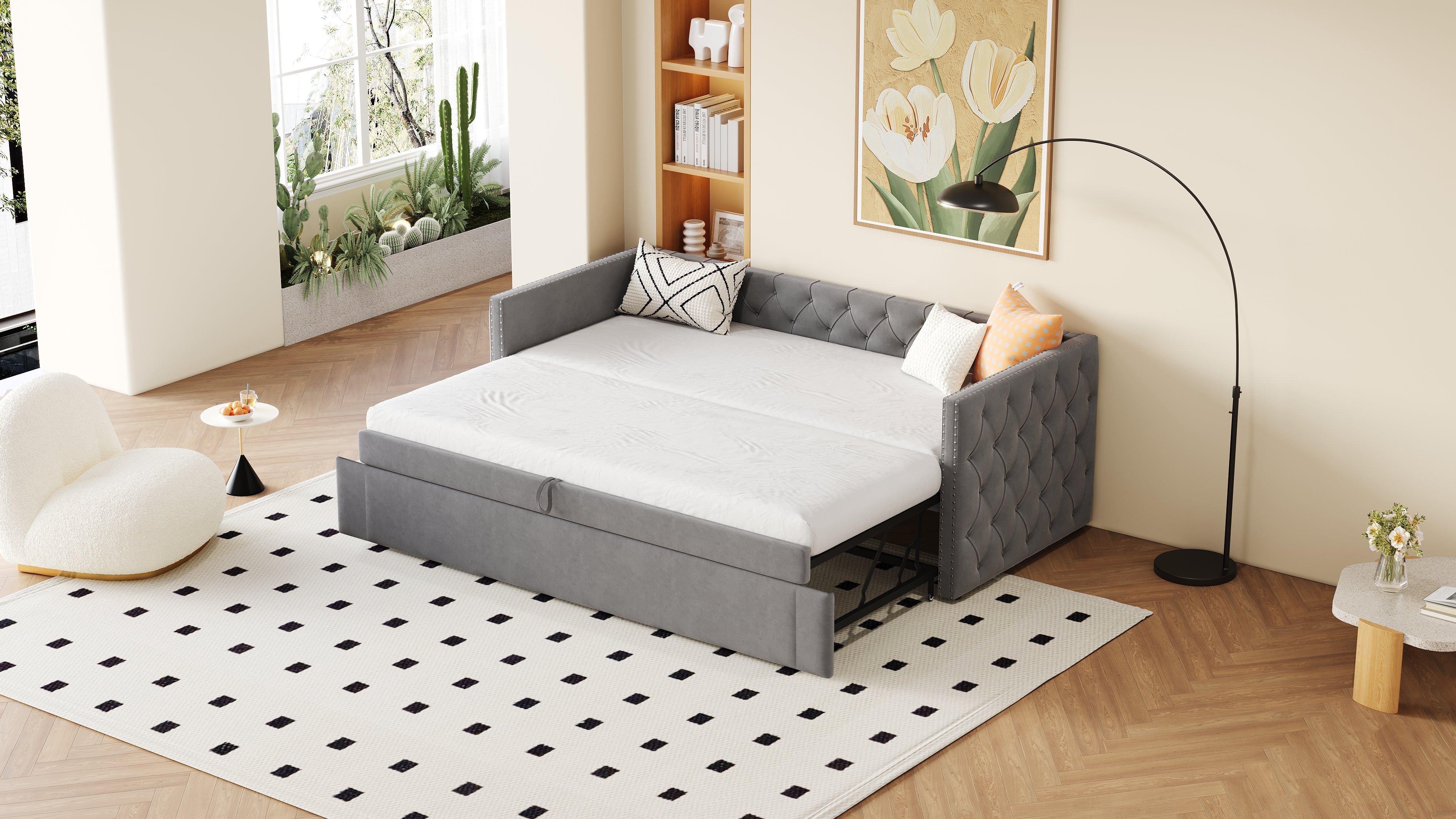 Upholstered Extendable Sofa Bed 90x200cm Multifunctional Slatted Base - Grey Velvet