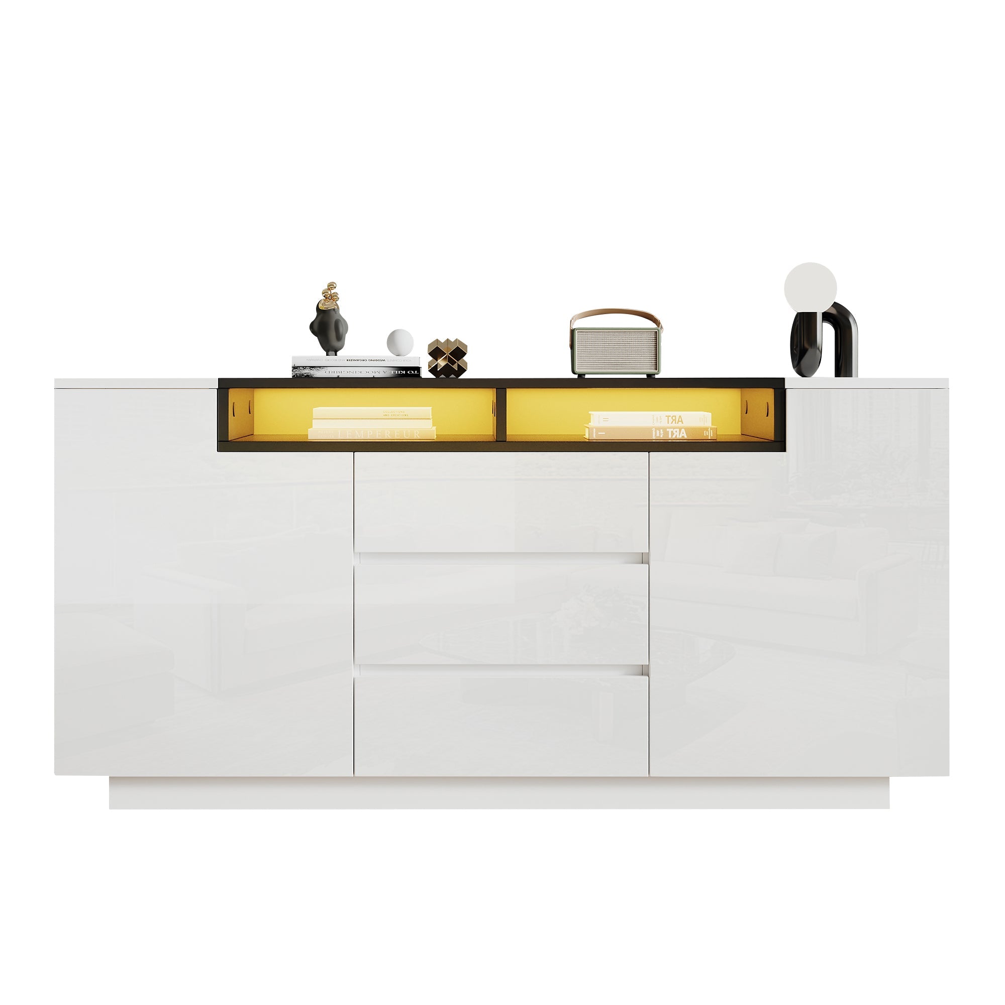 Sideboard Cabinet 140x40x68cm Adjustable Dividers LED Lights 3 Drawers, High-Gloss White/Black