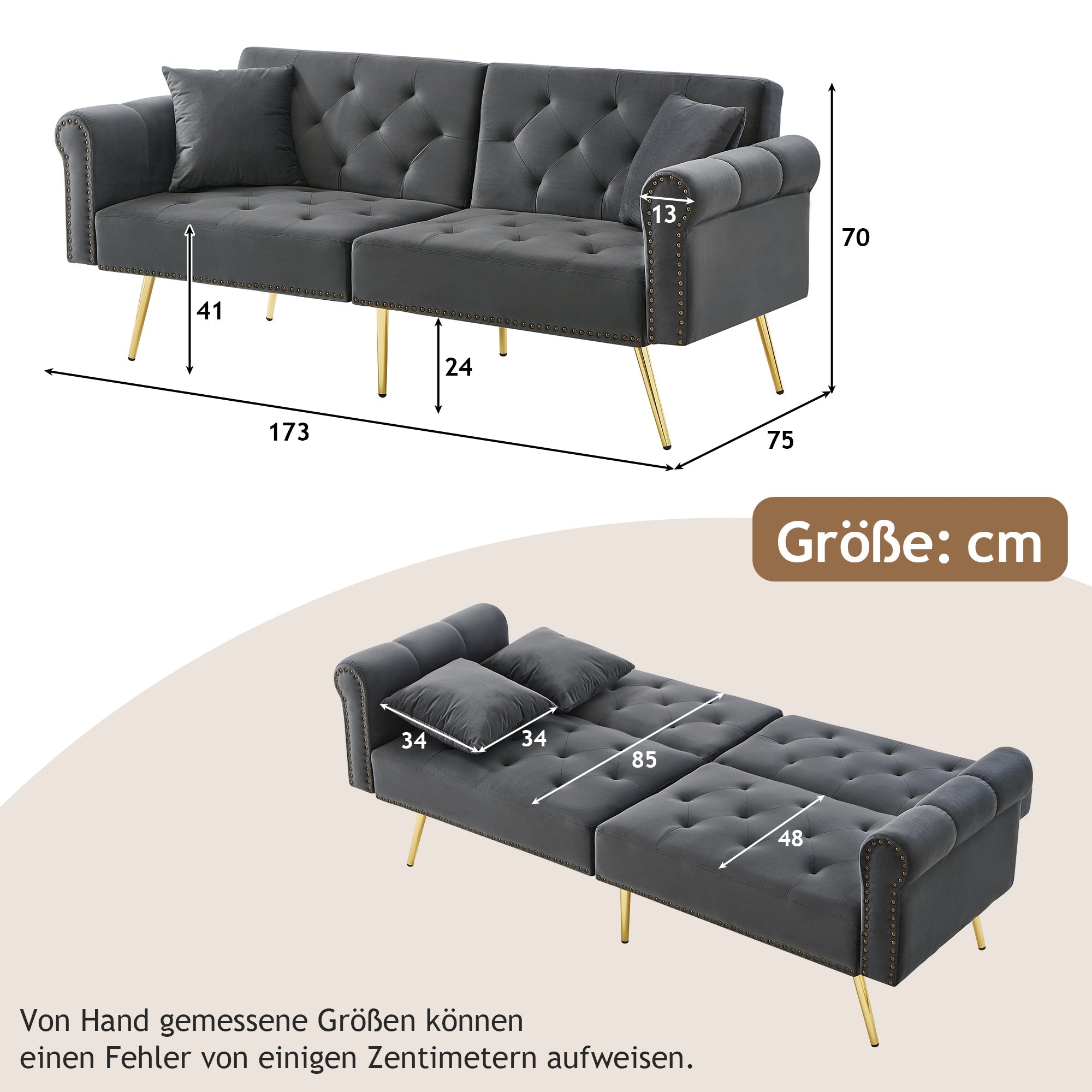 Sofa Bed, Modern 2-Seater with 3-Level Adjustable Backrest, Velvet