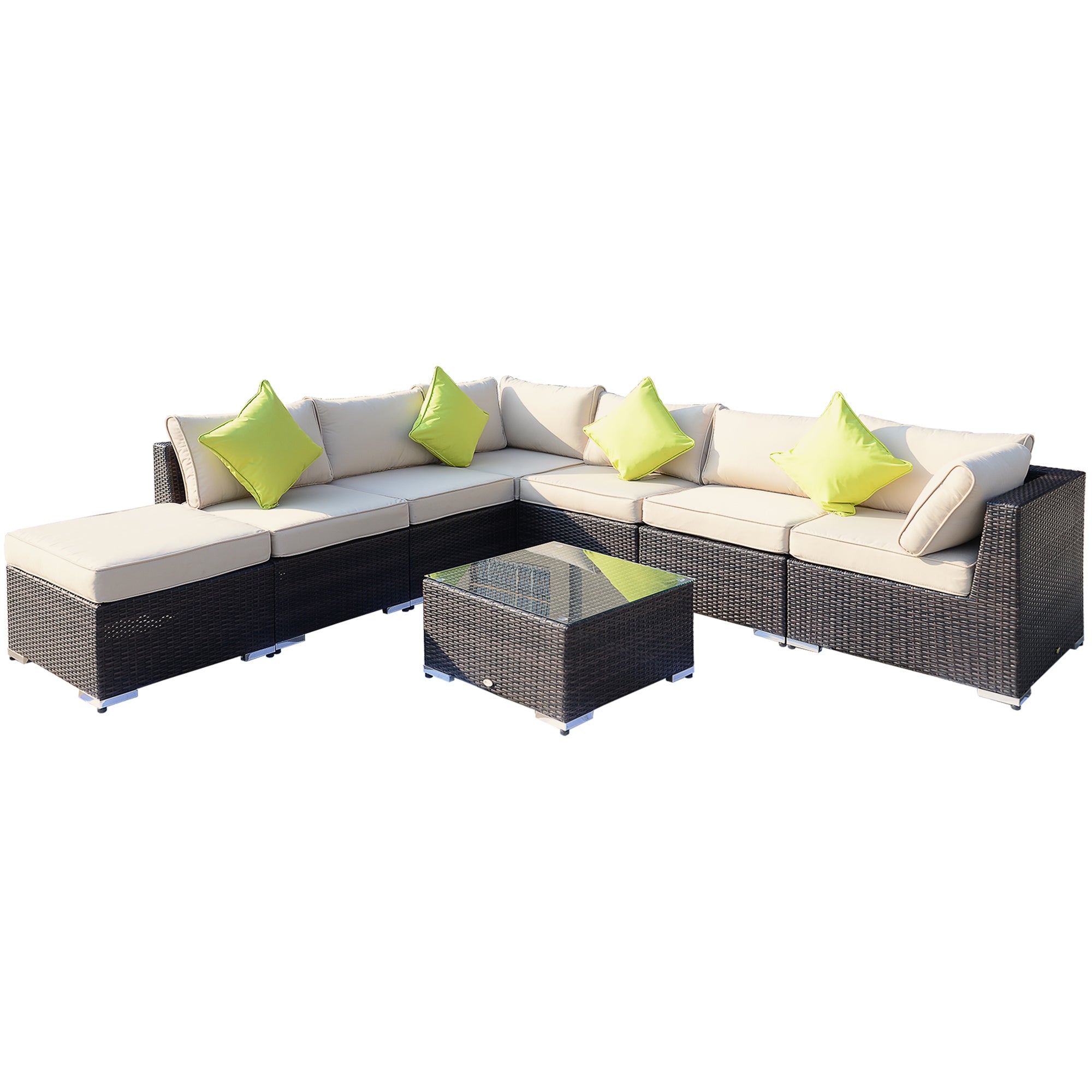 8 Pieces PE Rattan Corner Sofa Set with Thick Cushions and Glass Top Table, Mixed Brown